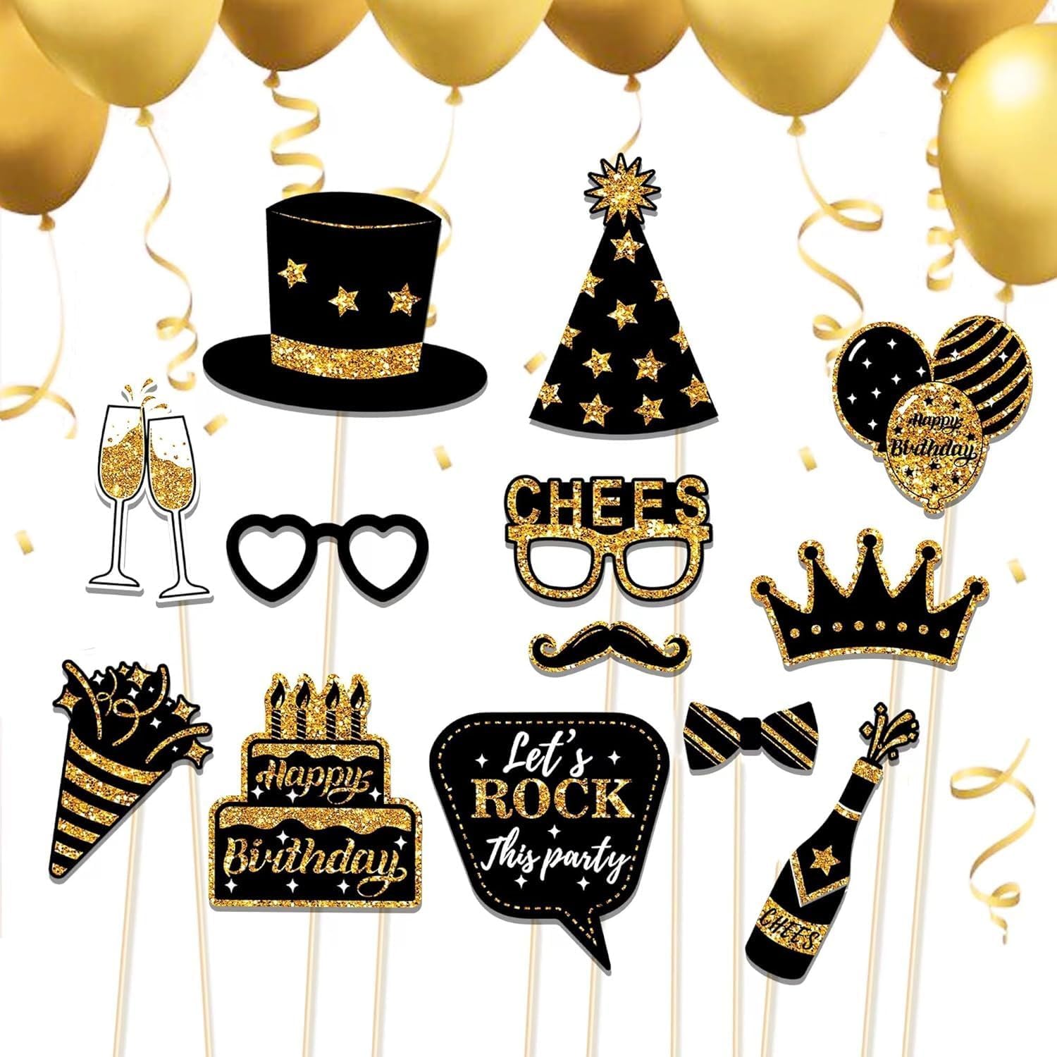 36Pcs Birthday Photo Booth Props Kit with Glitter