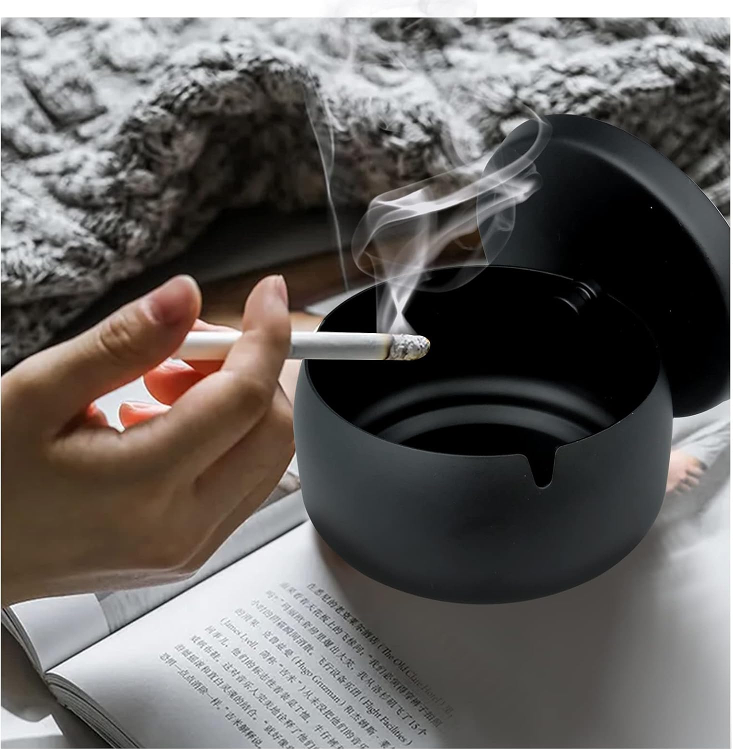 Andiker Large Metal Ashtray with Lid for Home Office
