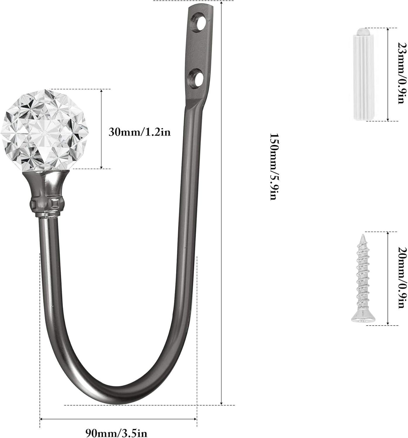 4Pcs Curtain Holdback with Clear Crystal Ball and Matt Black Metal Hooks