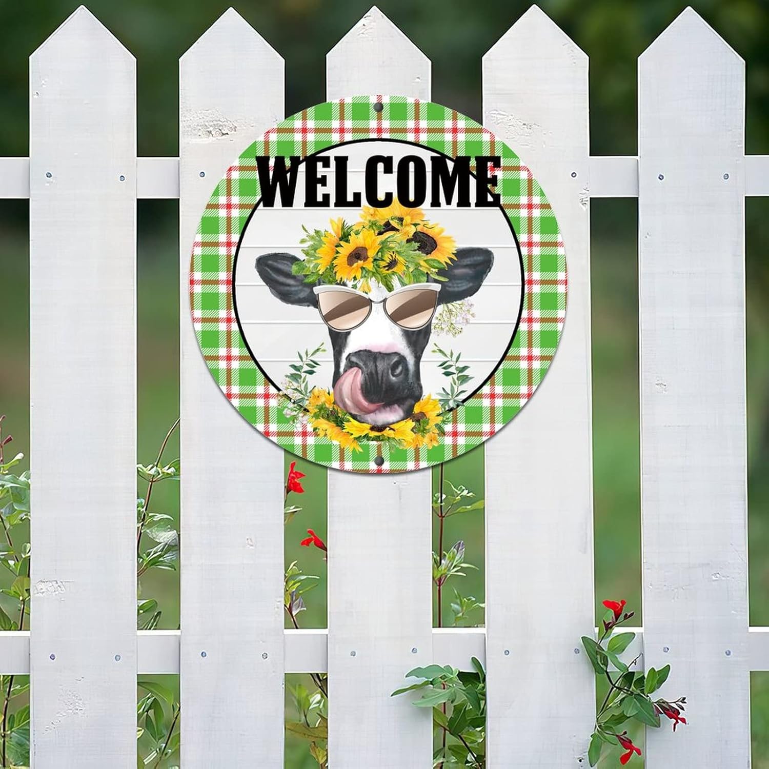 Retro Farmhouse Metal Tin Sign with Sunflowers and Cow