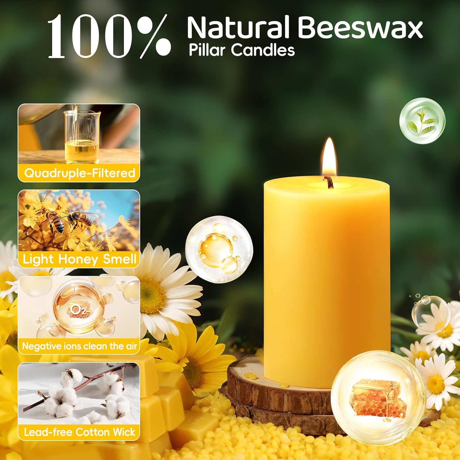2x3 Inch Beeswax Pillar Candles Set of 3