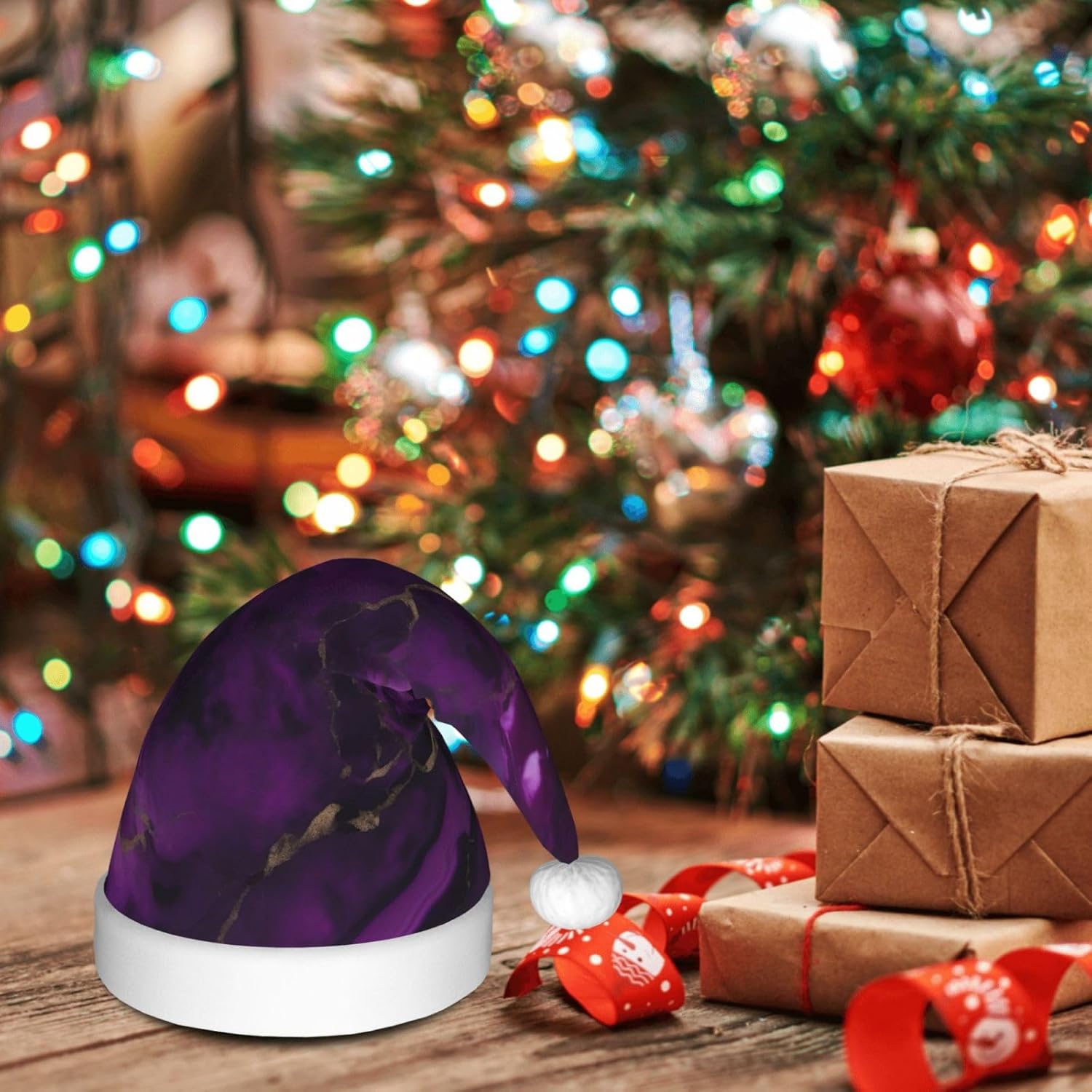 QINZHENG Dark Purple Marble Print Santa Hat