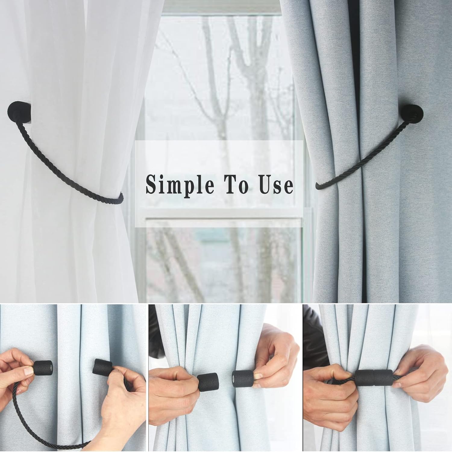Hangtty Magnetic Curtain Tiebacks 6 Pack Modern Black Holders