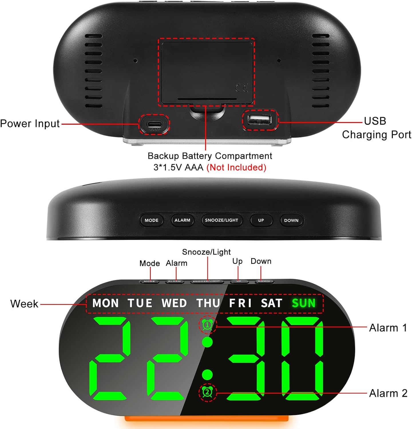 DTKID Digital Alarm Clock with Dual Alarms and Snooze