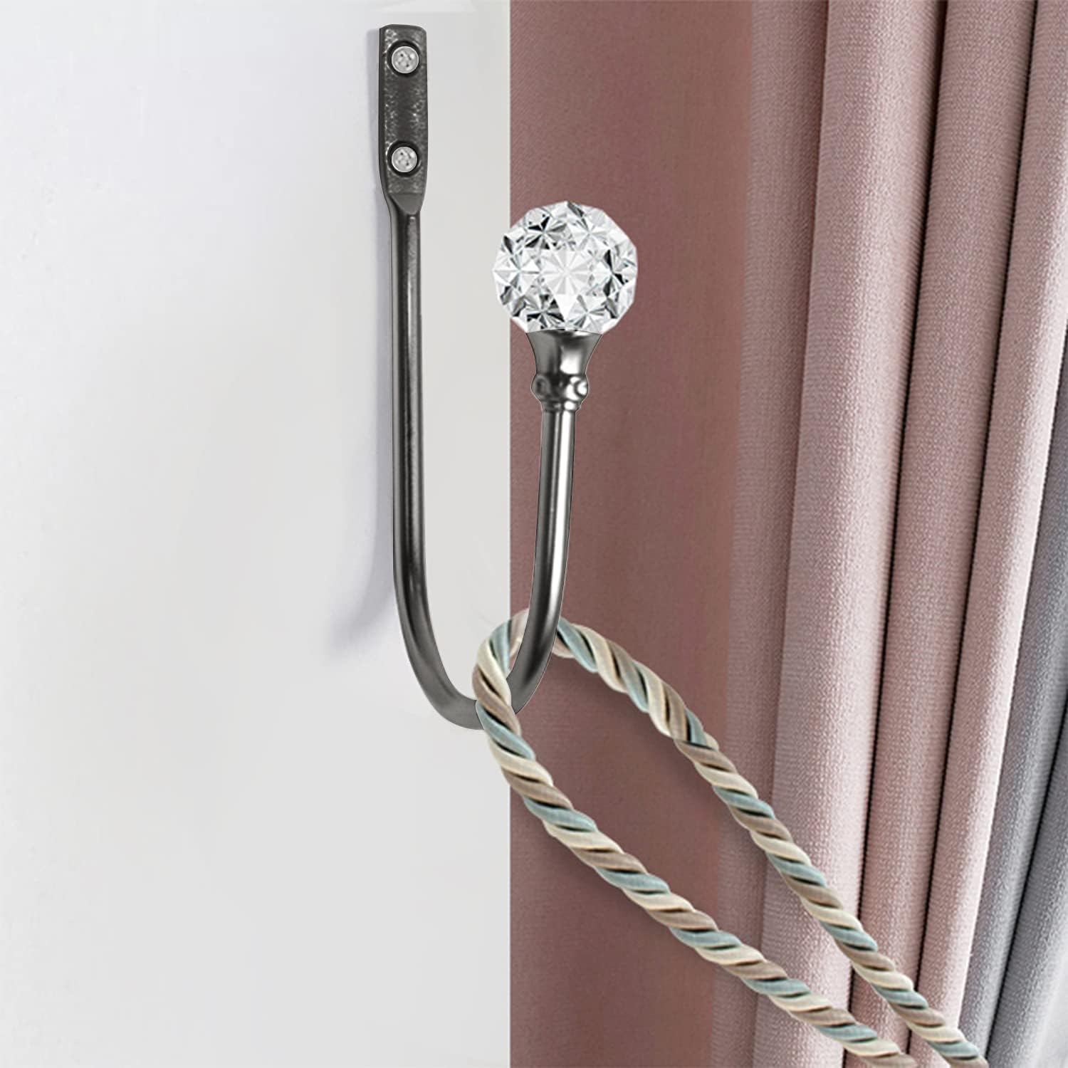 4Pcs Curtain Holdback with Clear Crystal Ball and Matt Black Metal Hooks