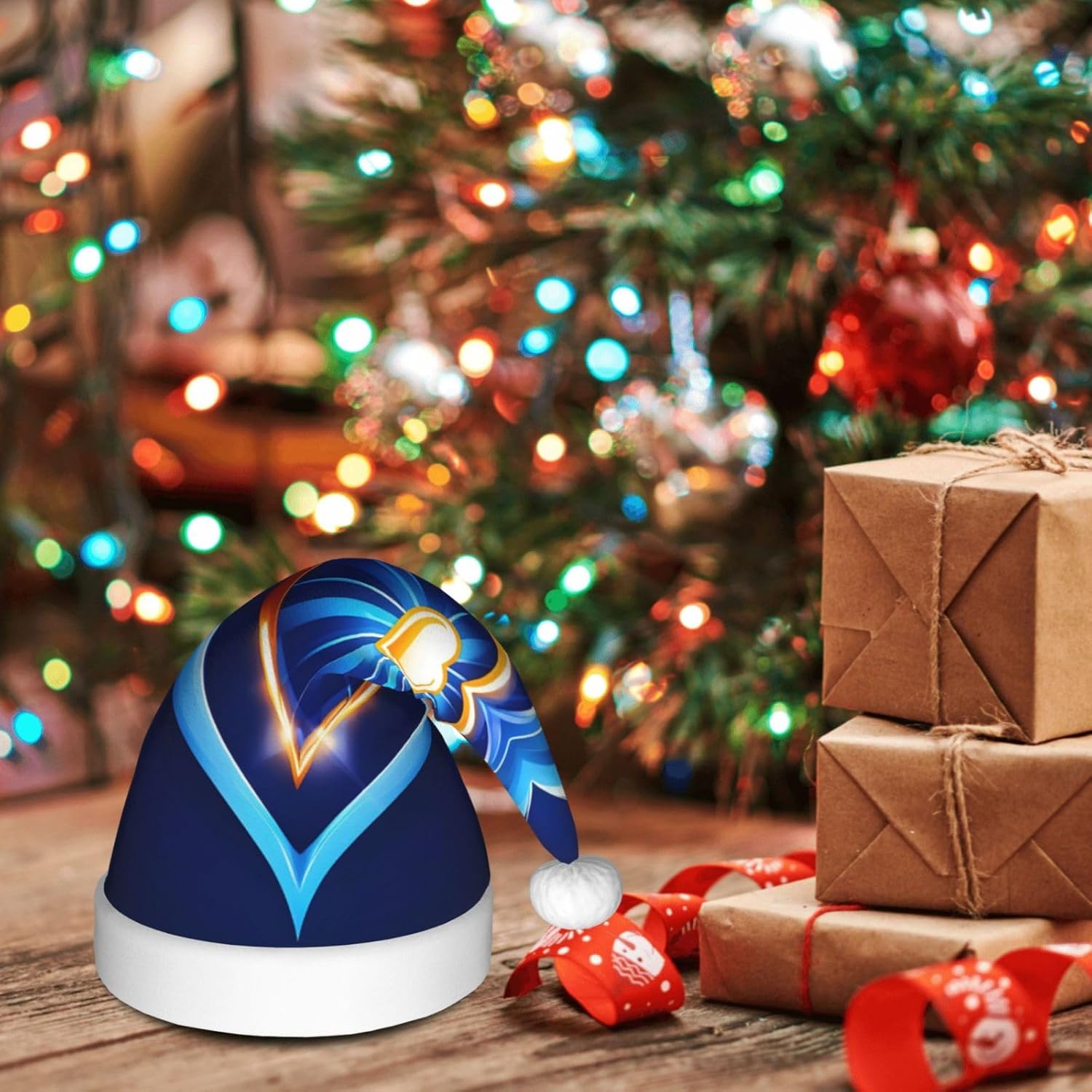 QINZHENG Sky Blue Heart Print Santa Hat for Women