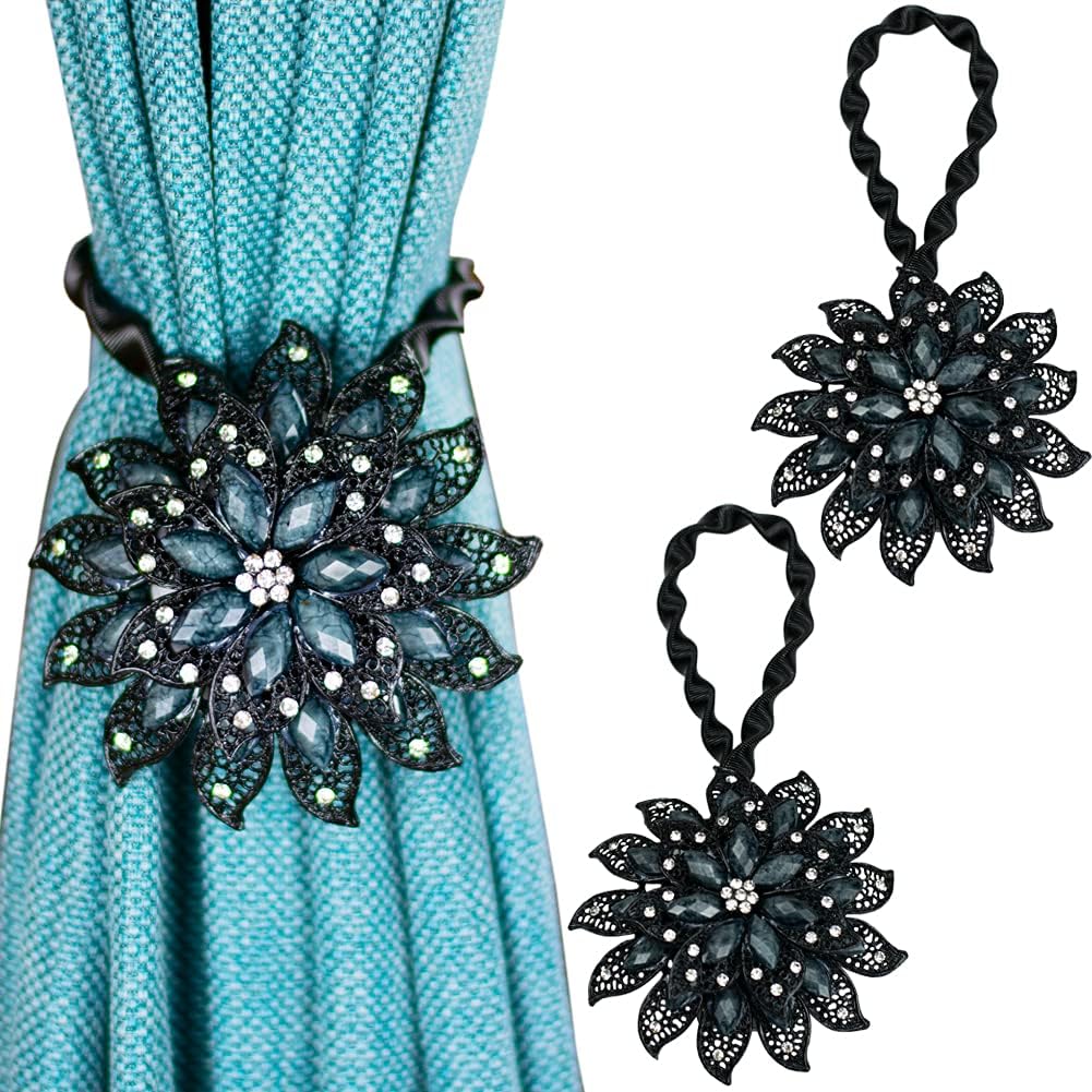2PCS Magnetic Curtain Holdbacks with Crystal Flower Design Black