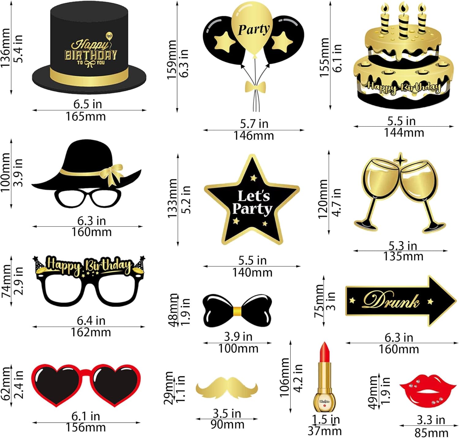 34pcs Gold and Black Birthday Photo Booth Props Kit