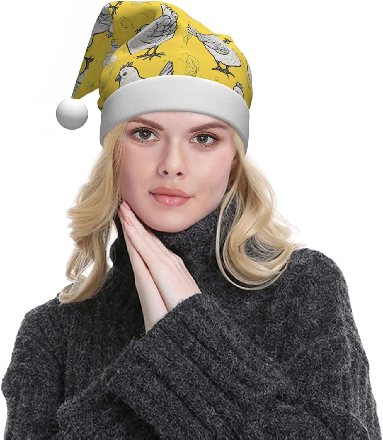 QINZHENG Yellow Chicken Print Santa Hat for Women