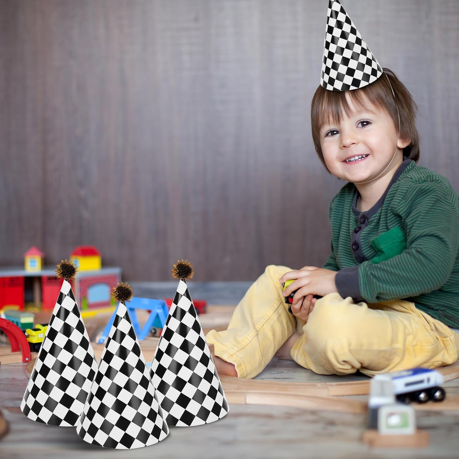 60PCS Race Car Themed Paper Cone Hats with Pom Poms and Elastic