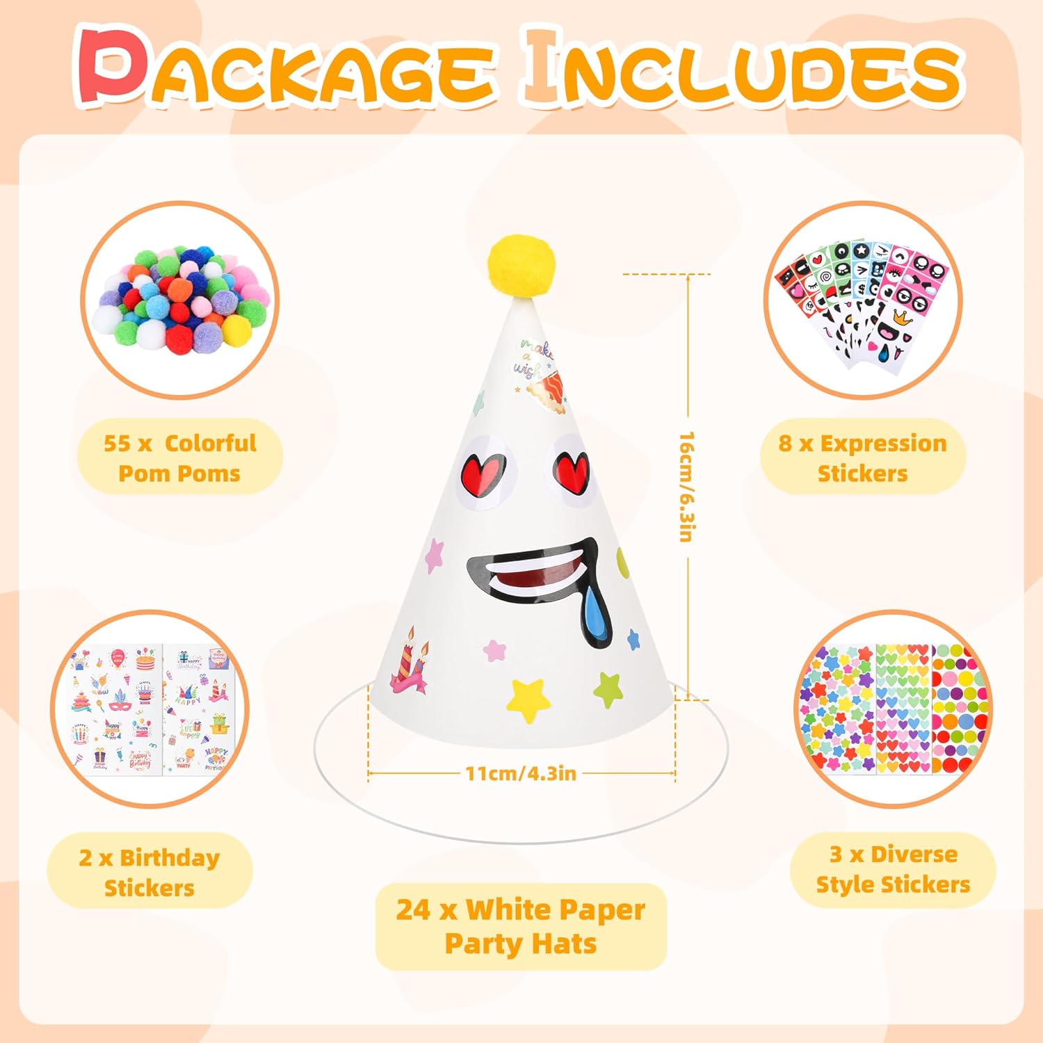 24 Pcs White DIY Birthday Party Hats with Stickers and Pom Poms
