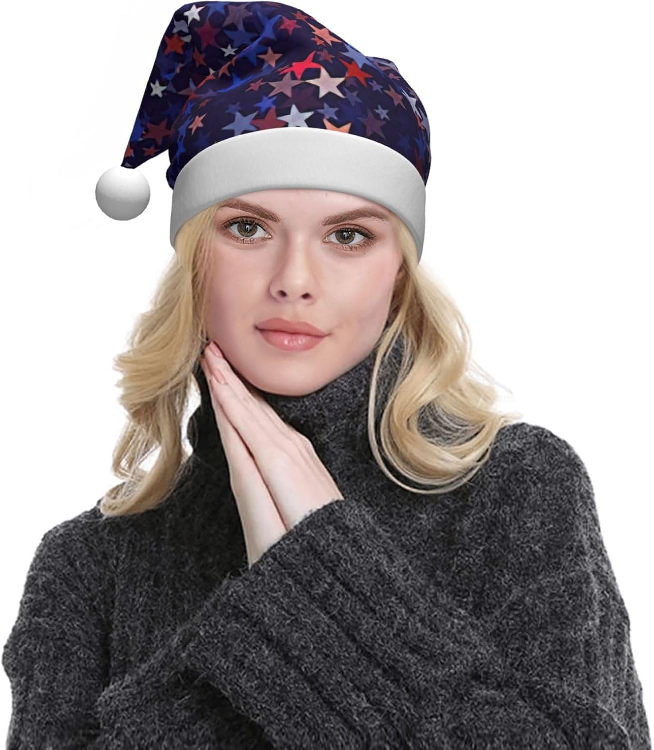 QIN ZHENG Personalized Santa Hat with Red Blue Stars Print