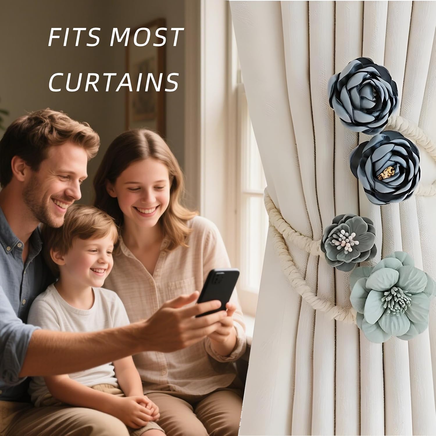 Handmade Curtain Tiebacks Set of 2 Flexible Flower Clips for Drapes