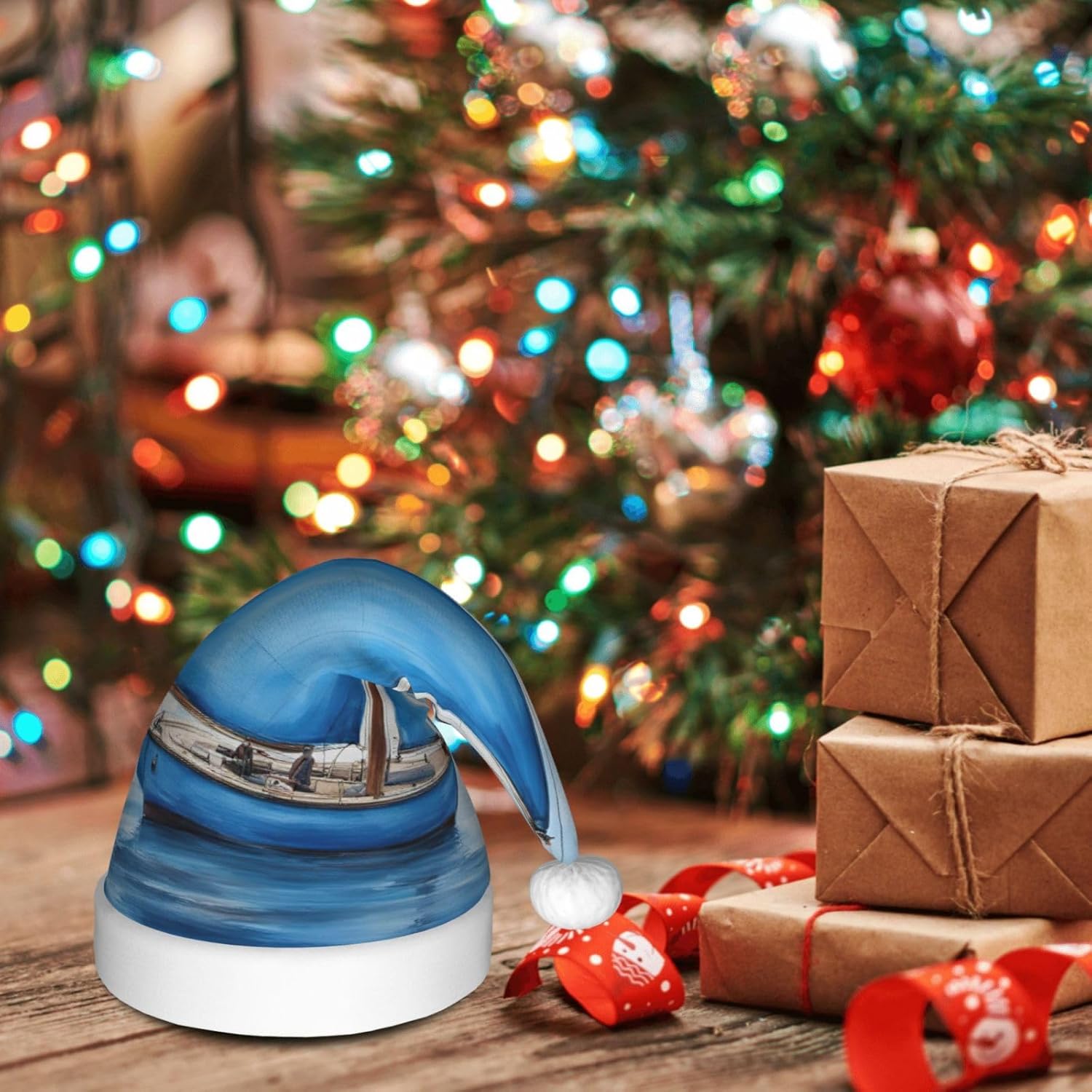 QINZHENG Blue Sailboat Santa Hat Personalized Christmas Headwear