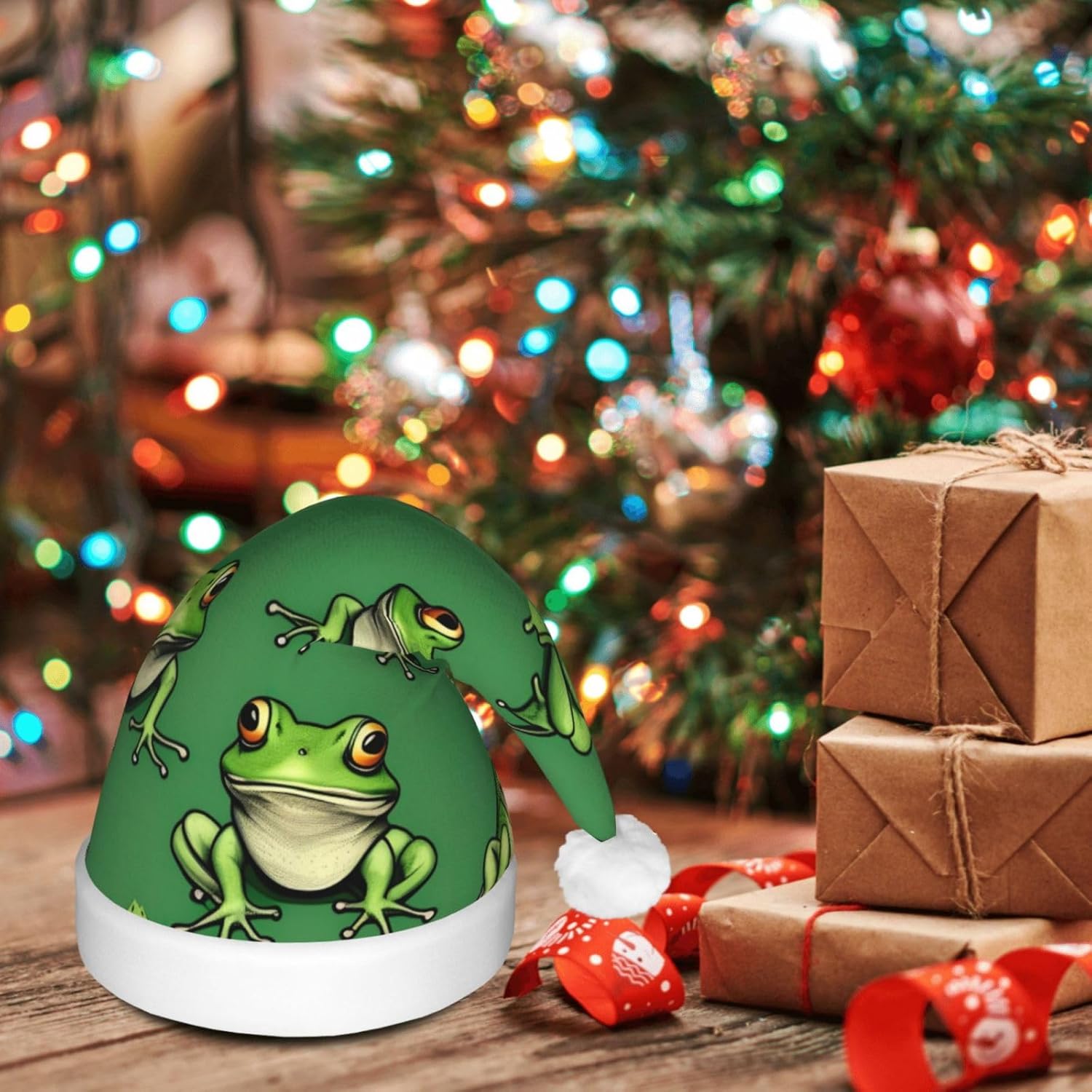 Funny Green Frogs Print LED Santa Hat for Adults Christmas Party Hat