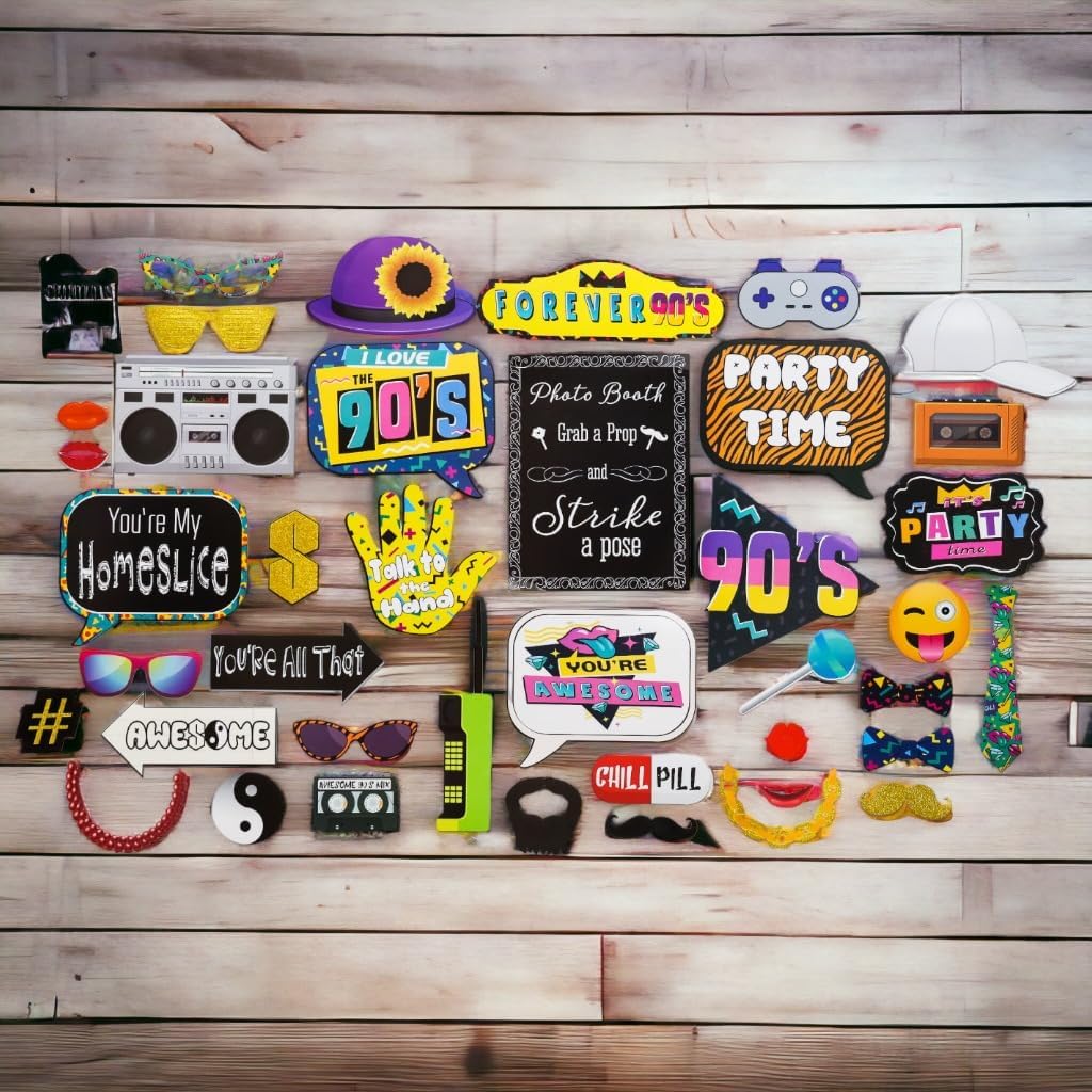 90s Photo Booth Props 41-Piece Fun Selfie Kit