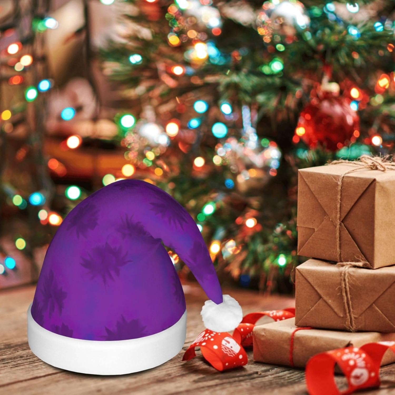 QINZHENG Purple Haze04 Print Santa Hat with LED Lights