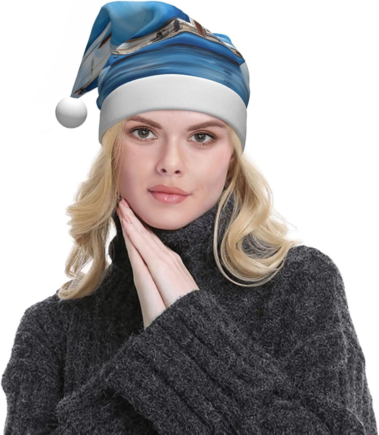 QINZHENG Blue Sailboat Santa Hat Personalized Christmas Headwear