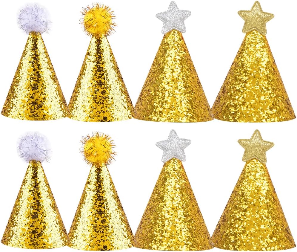 8pcs Golden Star Cone Party Hats with Glitter Ribbons
