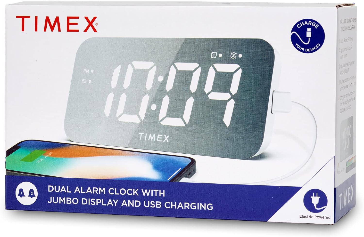 Timex Digital Alarm Clock with USB Charger and Large Display