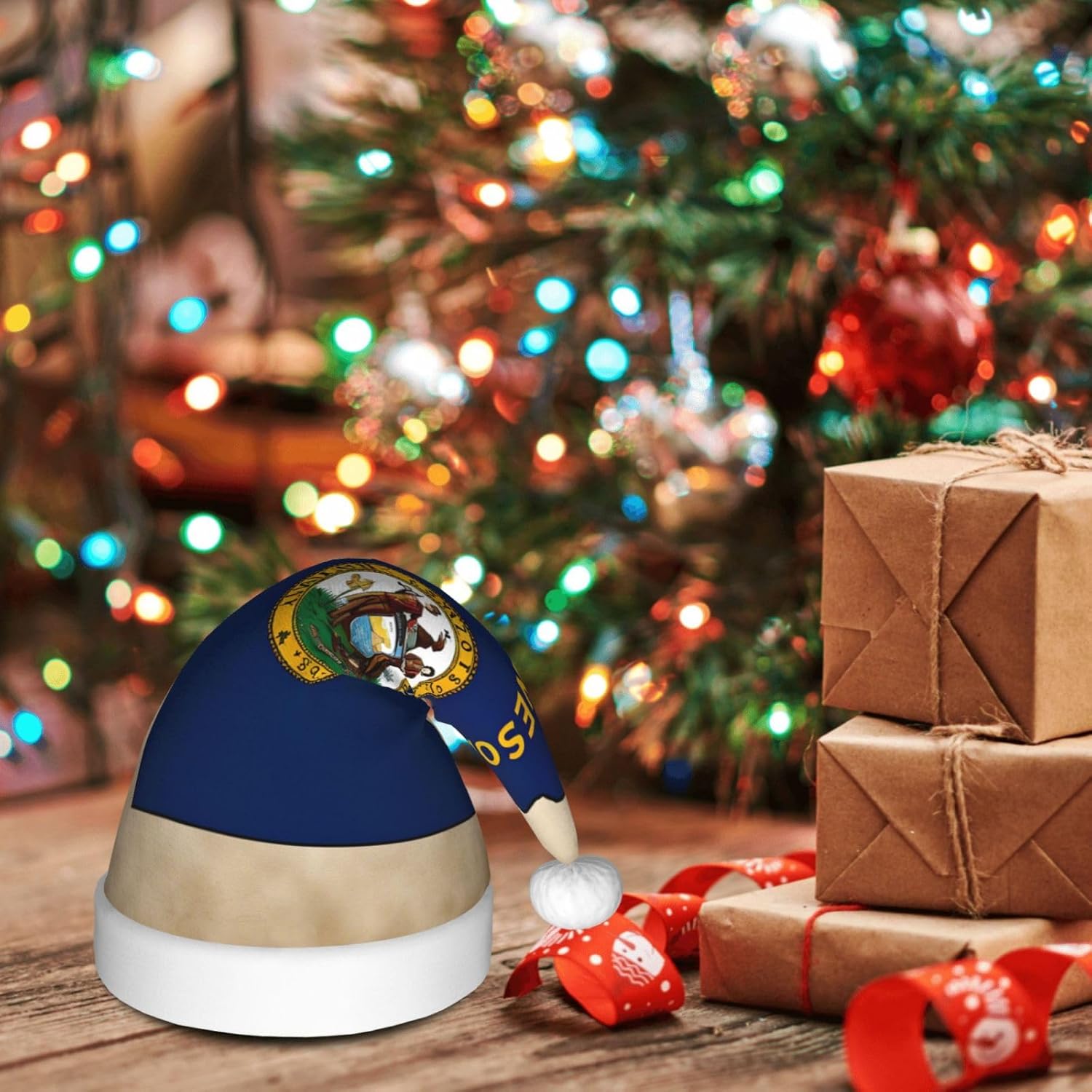 QINZHENG Abstract Minnesota Flag Santa Hat Velvet Plush Christmas Gift for Women