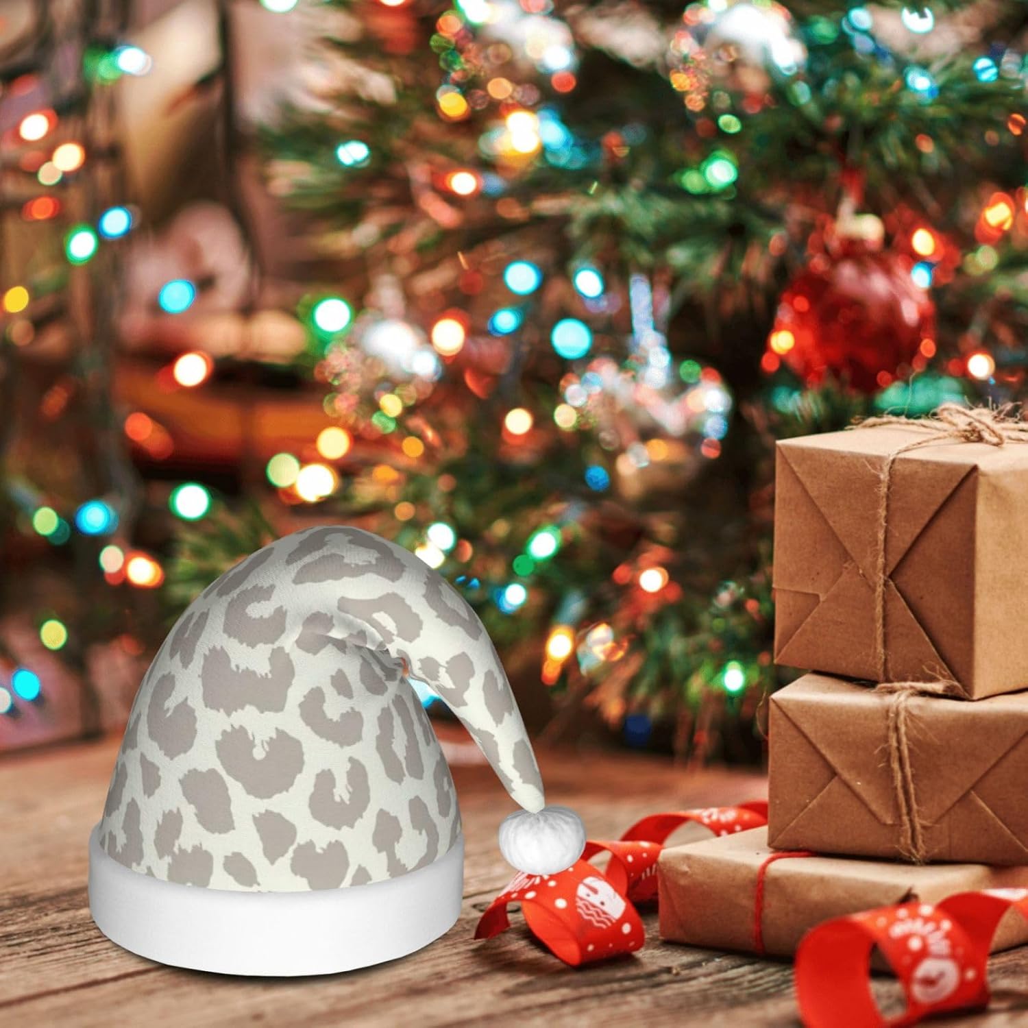 Brown Pattern Leopard Santa Hat Plush Christmas Hat for Adults
