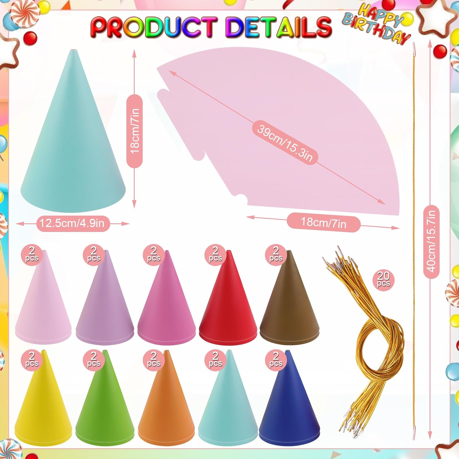 20 Pcs Pastel Rainbow Cone Hats with Elastic Cord
