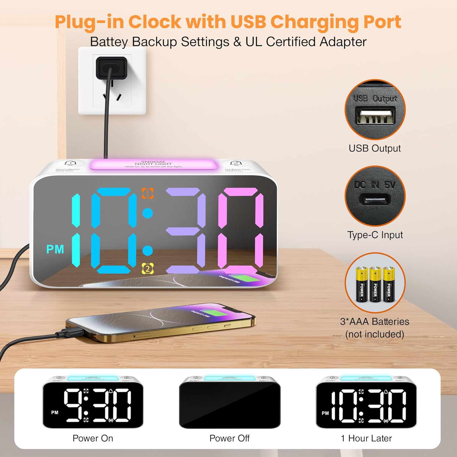 Loud Vibrating Alarm Clock with Bed Shaker and RGB Display