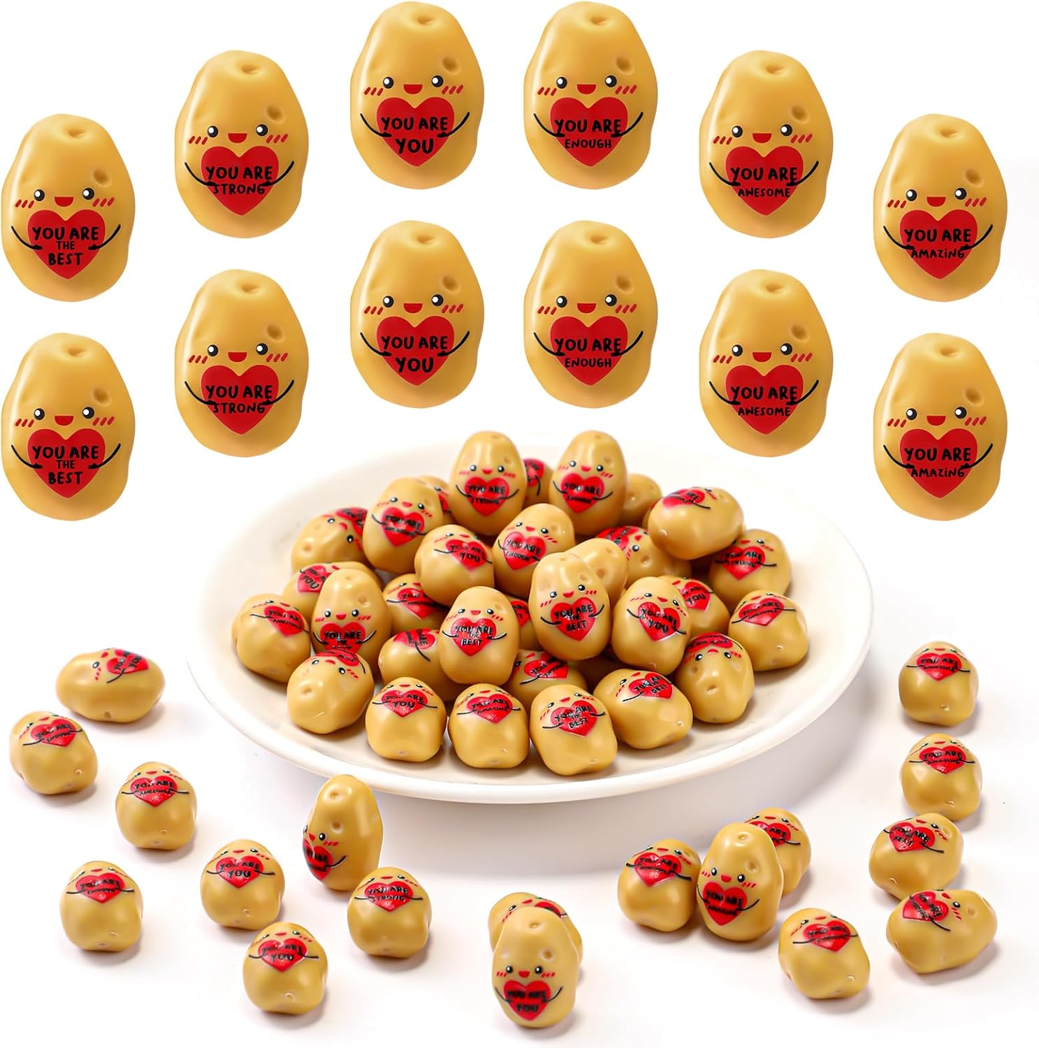 60 Pcs Heart Resin Potato Decor with Positive Messages