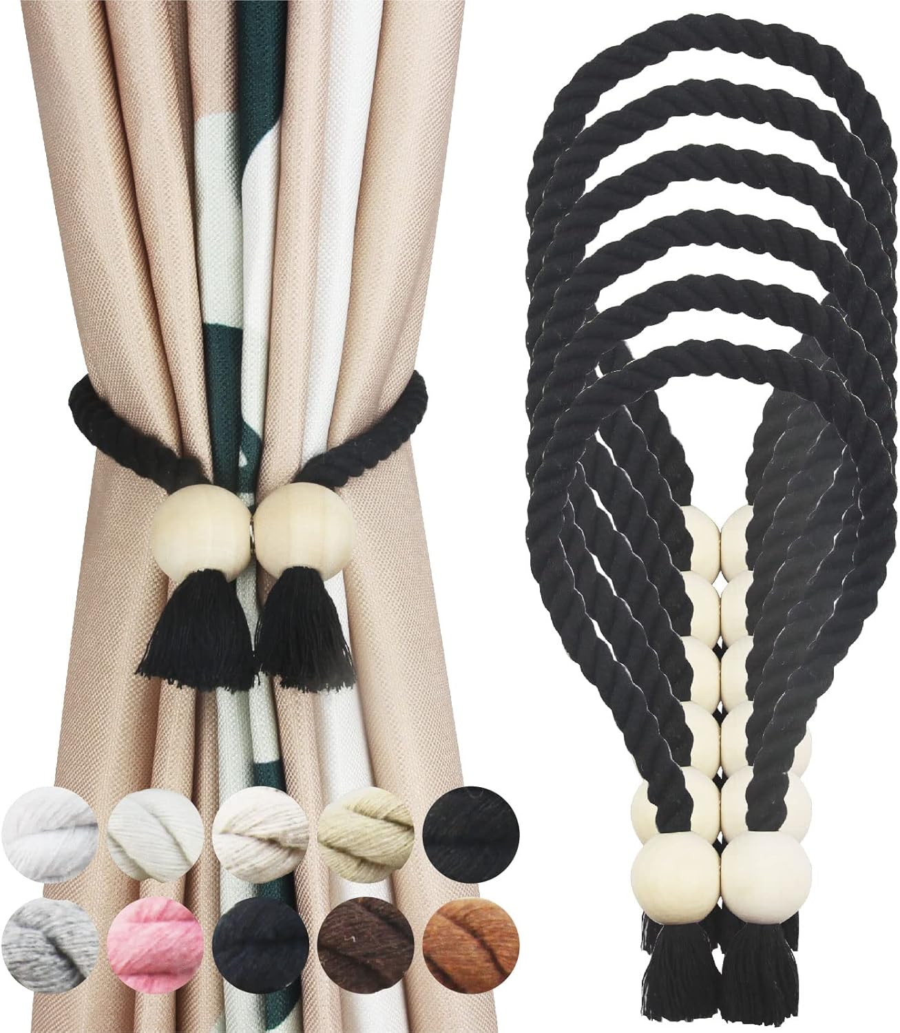 6 Pack Black Magnetic Curtain Tiebacks with Wooden Buckle