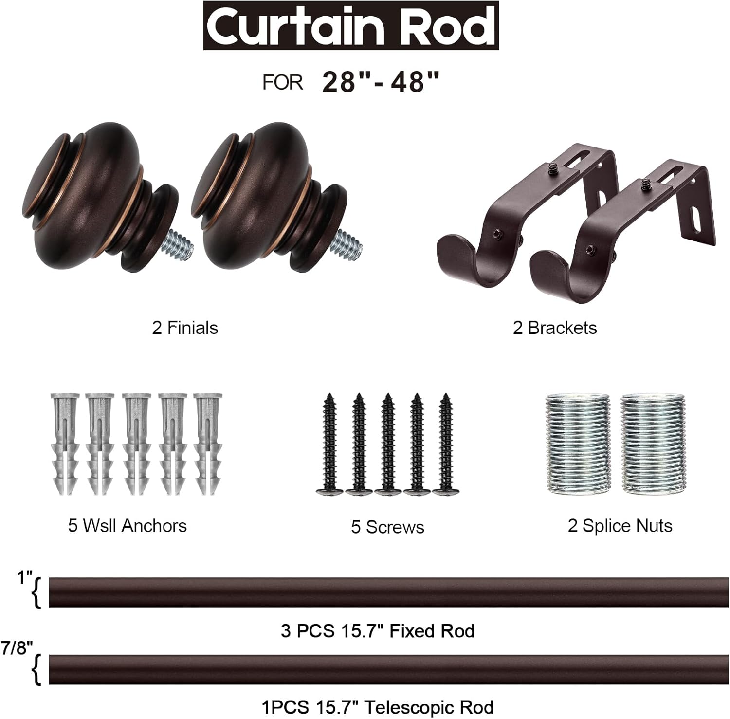 SIMEWIN Bronze Curtain Rods 28-48 Inches Adjustable Classic Finials