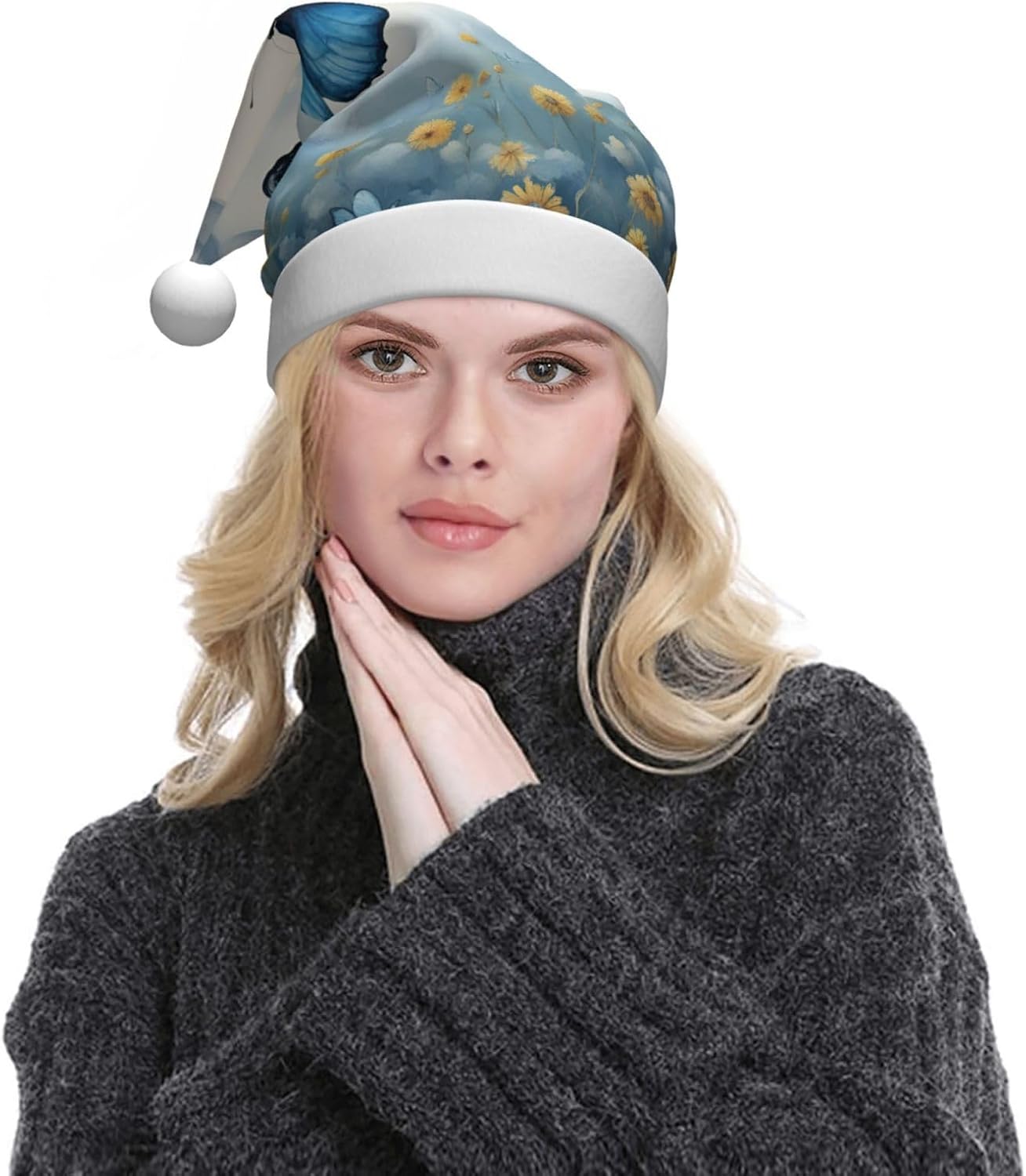 QINZHENG Blue Butterfly Clouds Print Santa Hat for Women