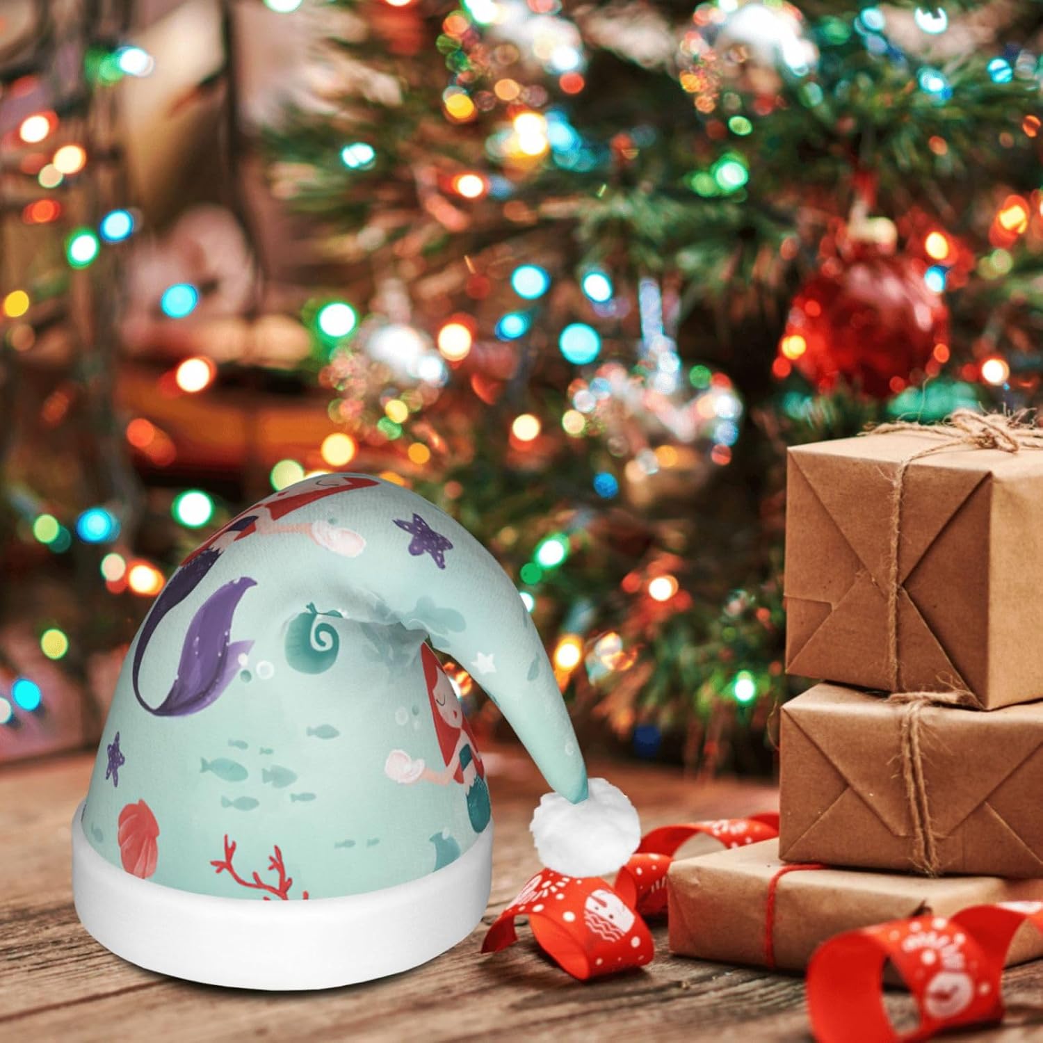 QINZHENG Mermaid Print LED Santa Hat for Christmas Party