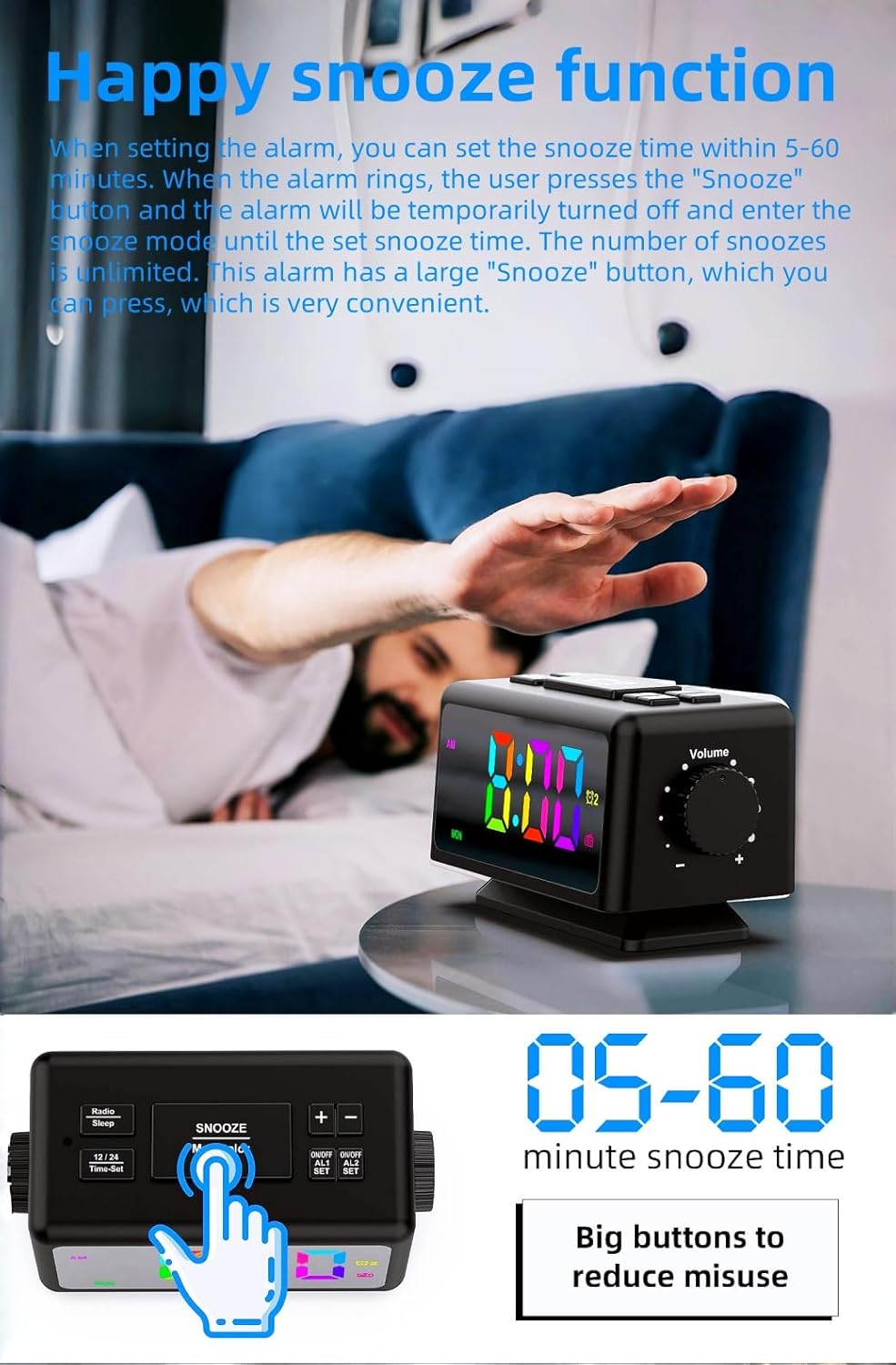 YHFITN Large Screen RGB Alarm Clock with 2 Alarms