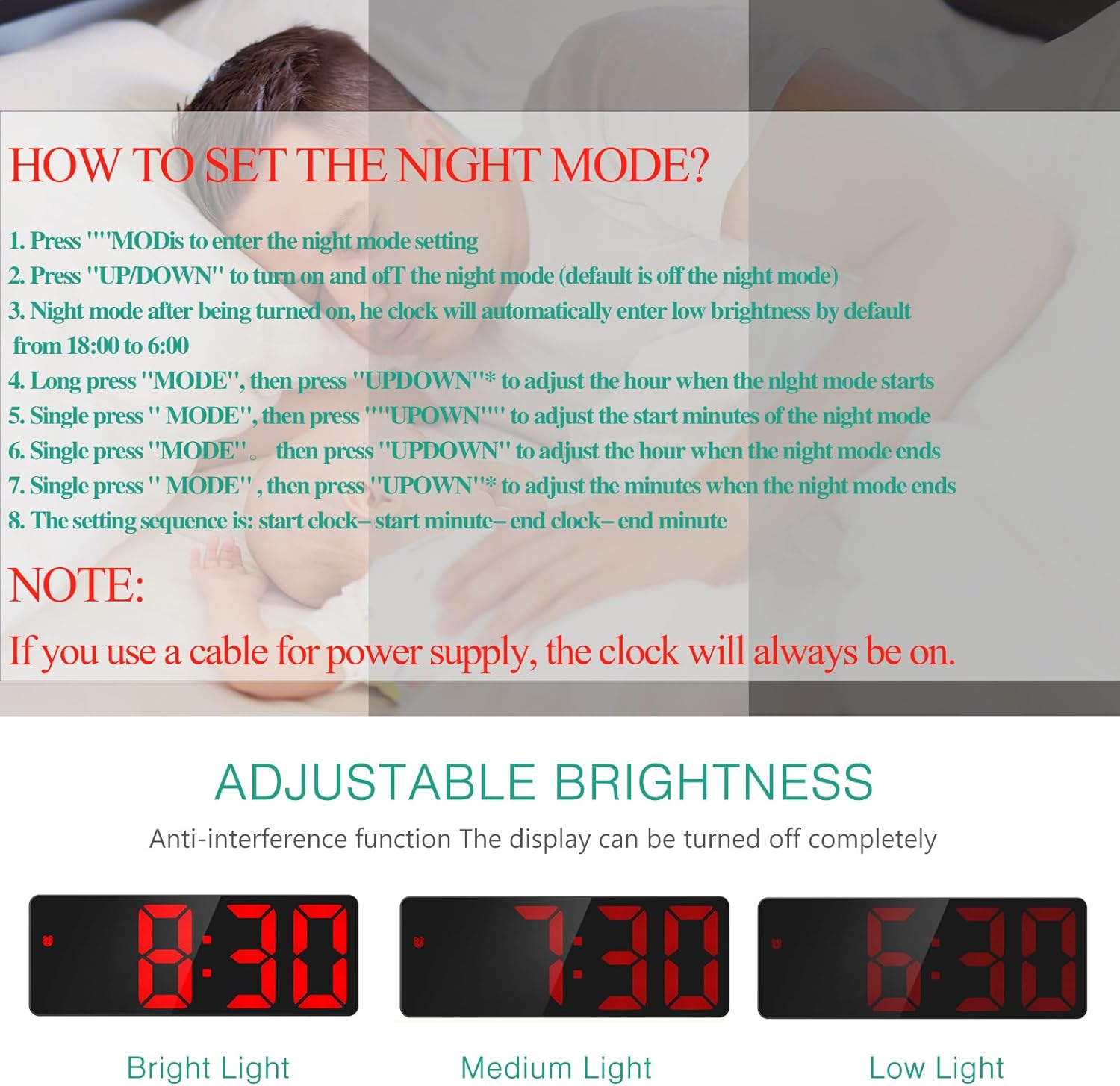 ORIA LED Alarm Clock with Snooze and 3 Brightness Levels