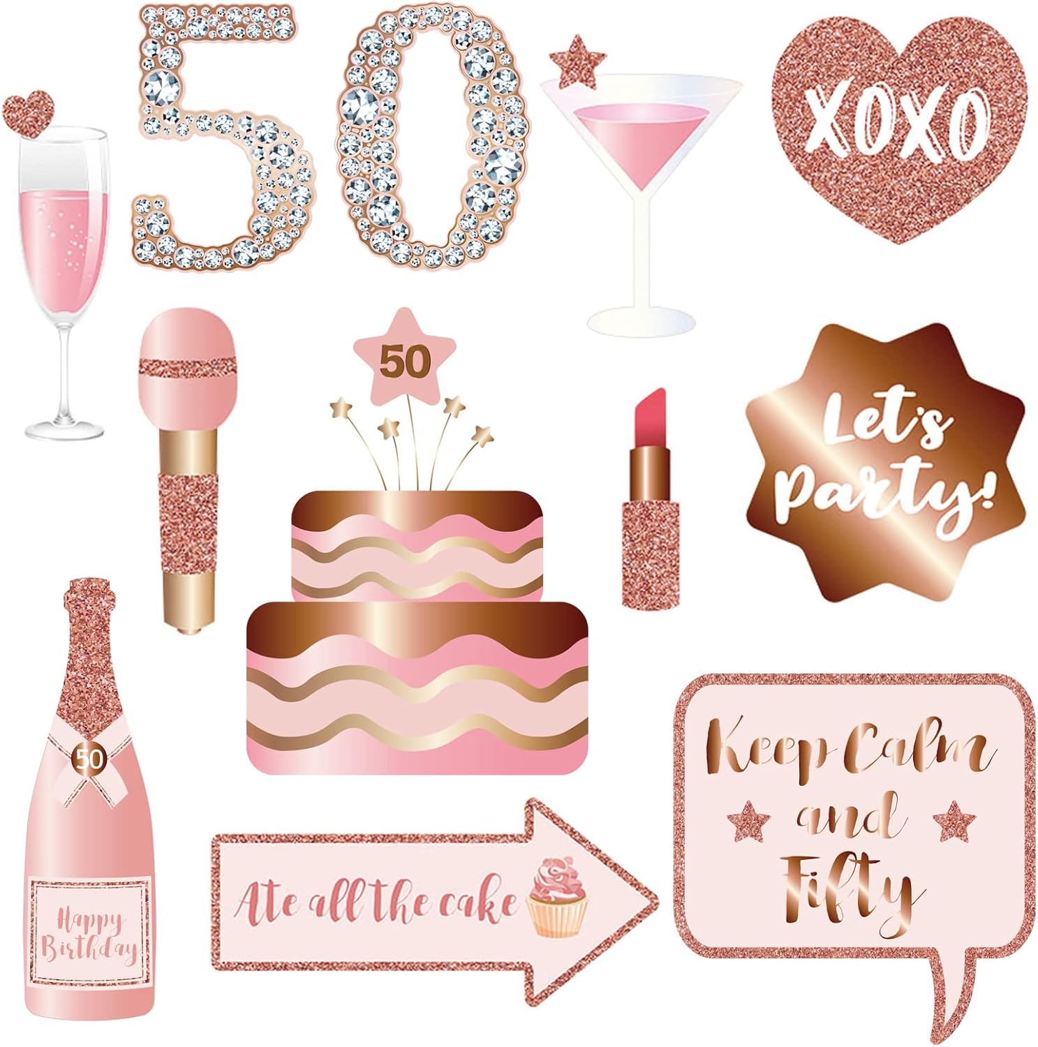 50th Birthday Photo Booth Props Kit Rose Gold