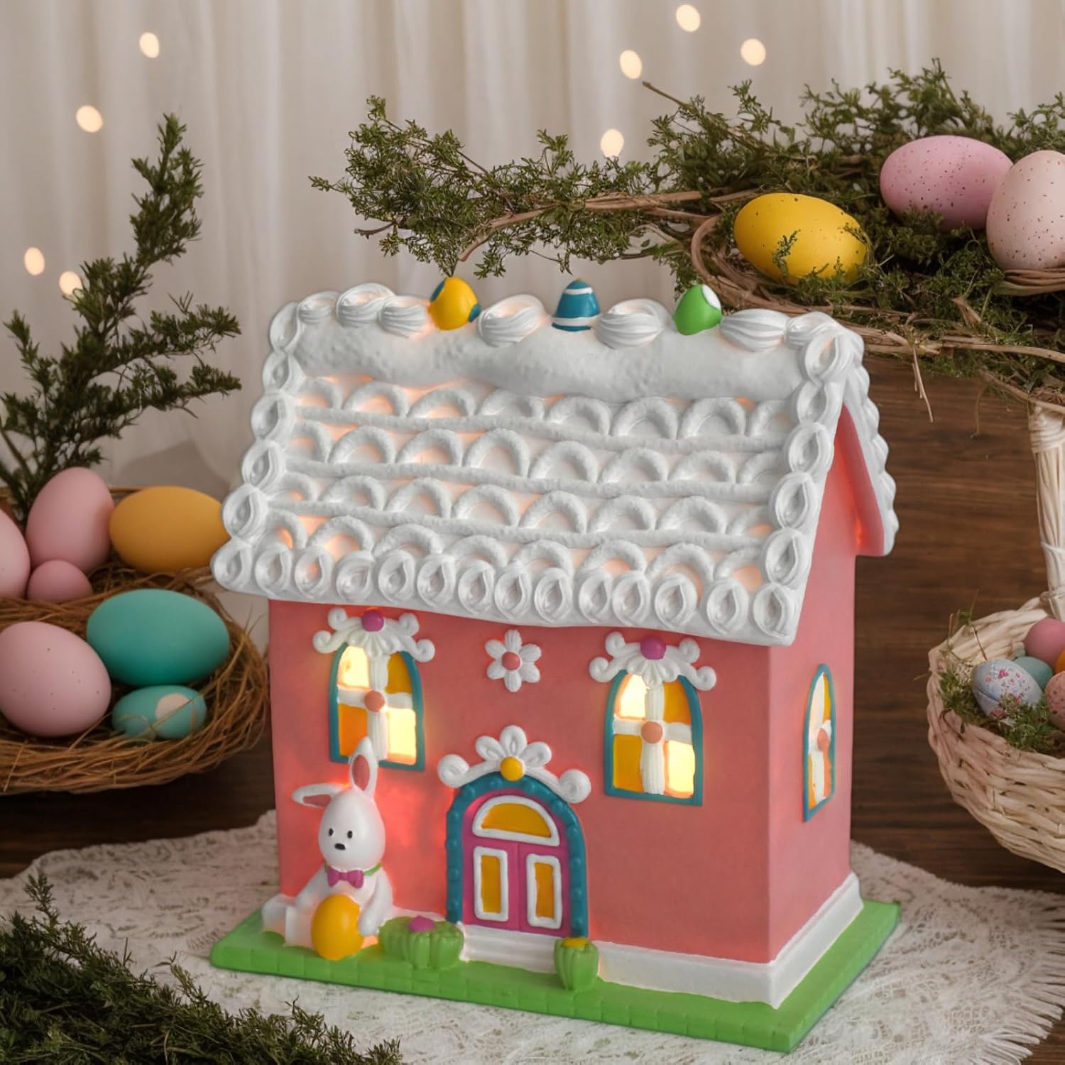 Easter Village Houses with LED Lights Indoor Decor
