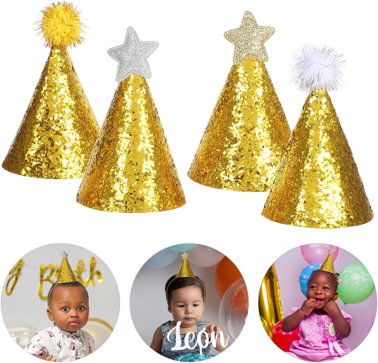 8pcs Golden Star Cone Party Hats with Glitter Ribbons
