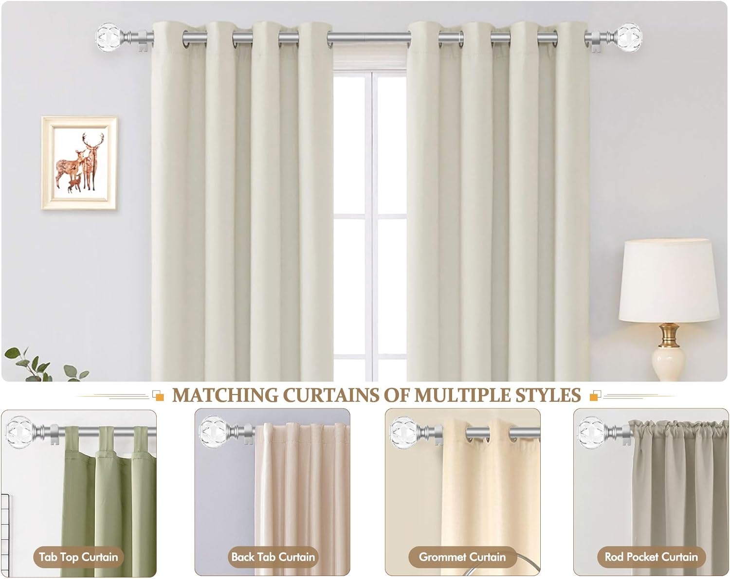 Kamanina 1 Inch Telescoping Curtain Rods with Crystal Ends
