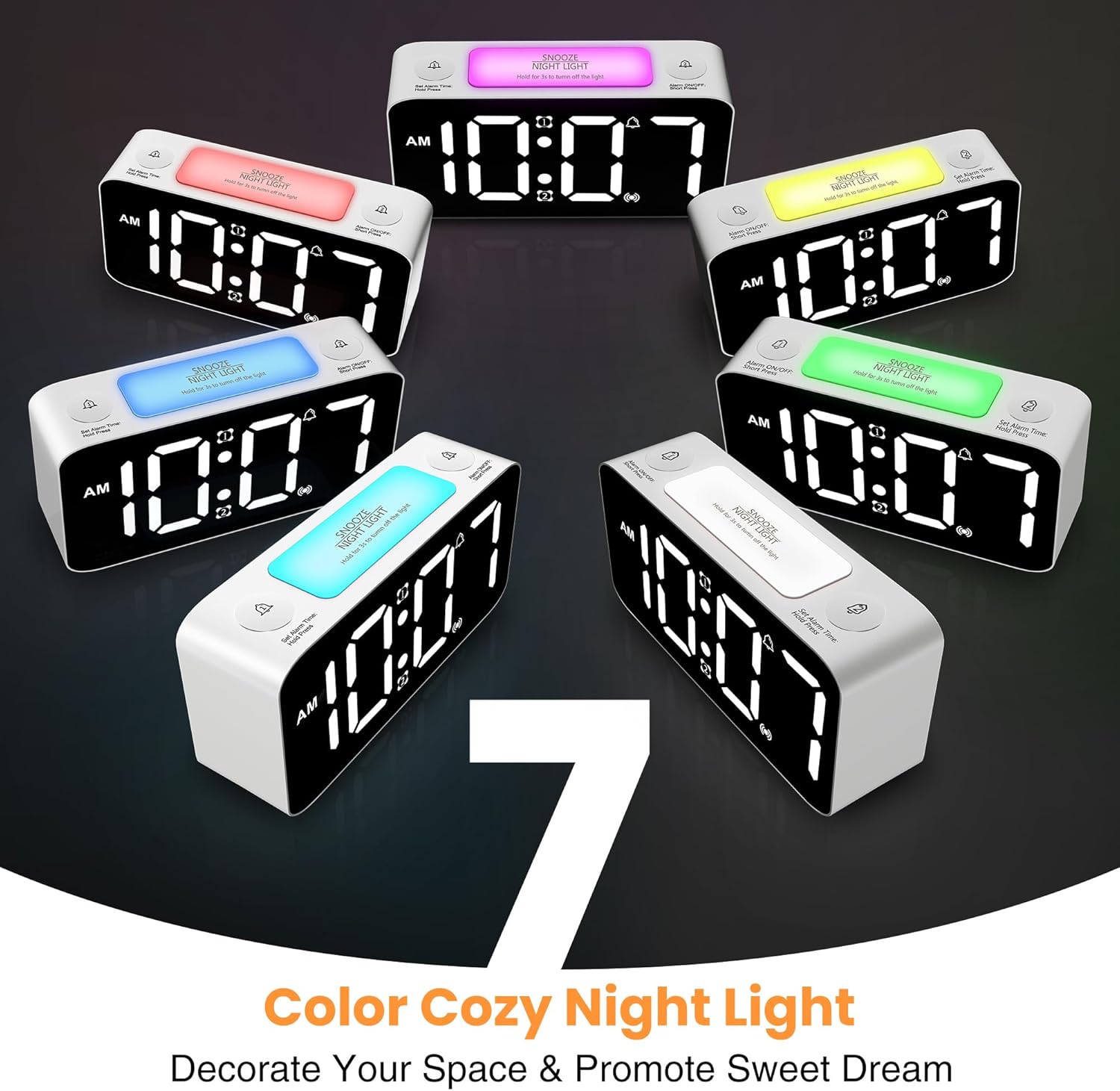 Loud Vibrating Alarm Clock with Bed Shaker and RGB Display
