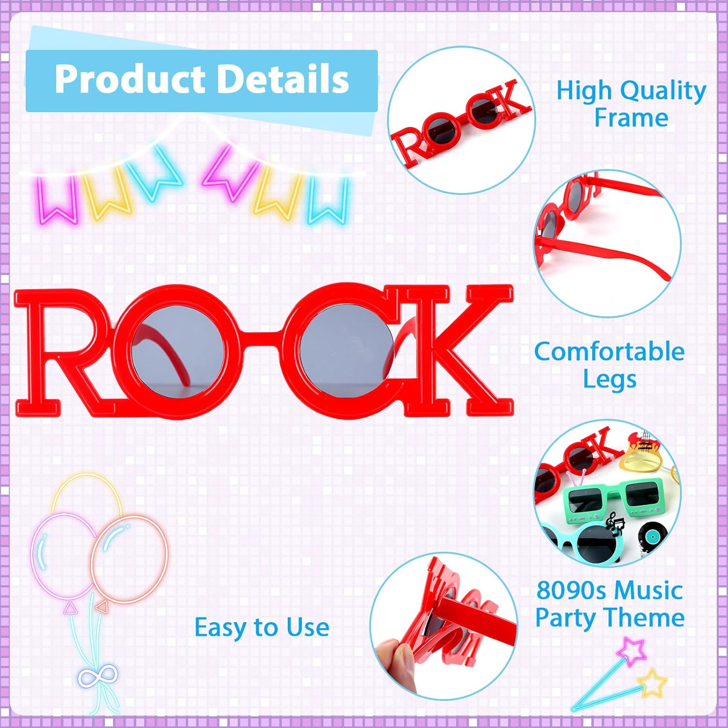 9 Pack Retro Rock Music Funny Sunglasses for Parties
