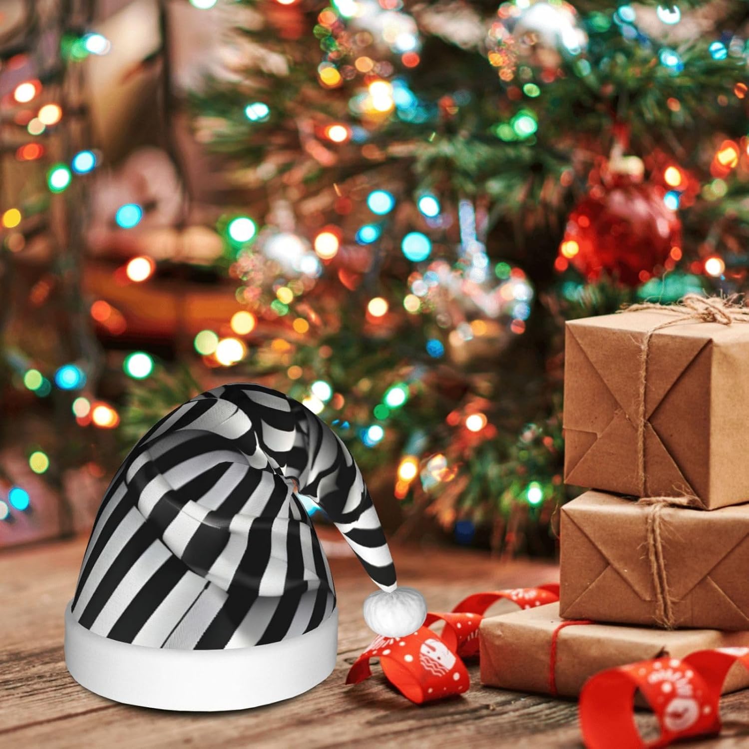 QINZHENG Zebra Print Santa Hat Personalized Velvet Plush Christmas Headwear