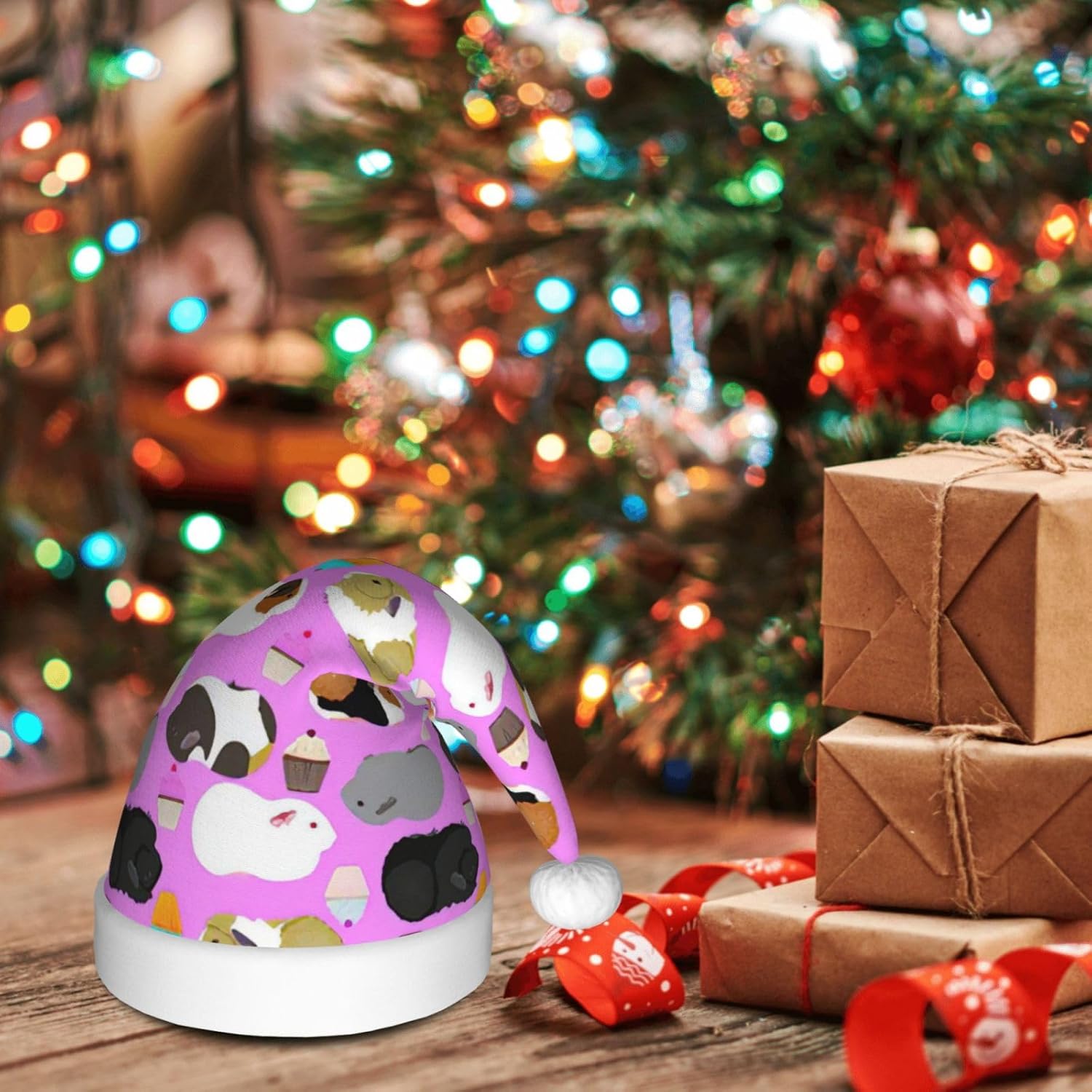QinZheng Personalized Santa Hat with Guinea Pigs and Cupcakes Print