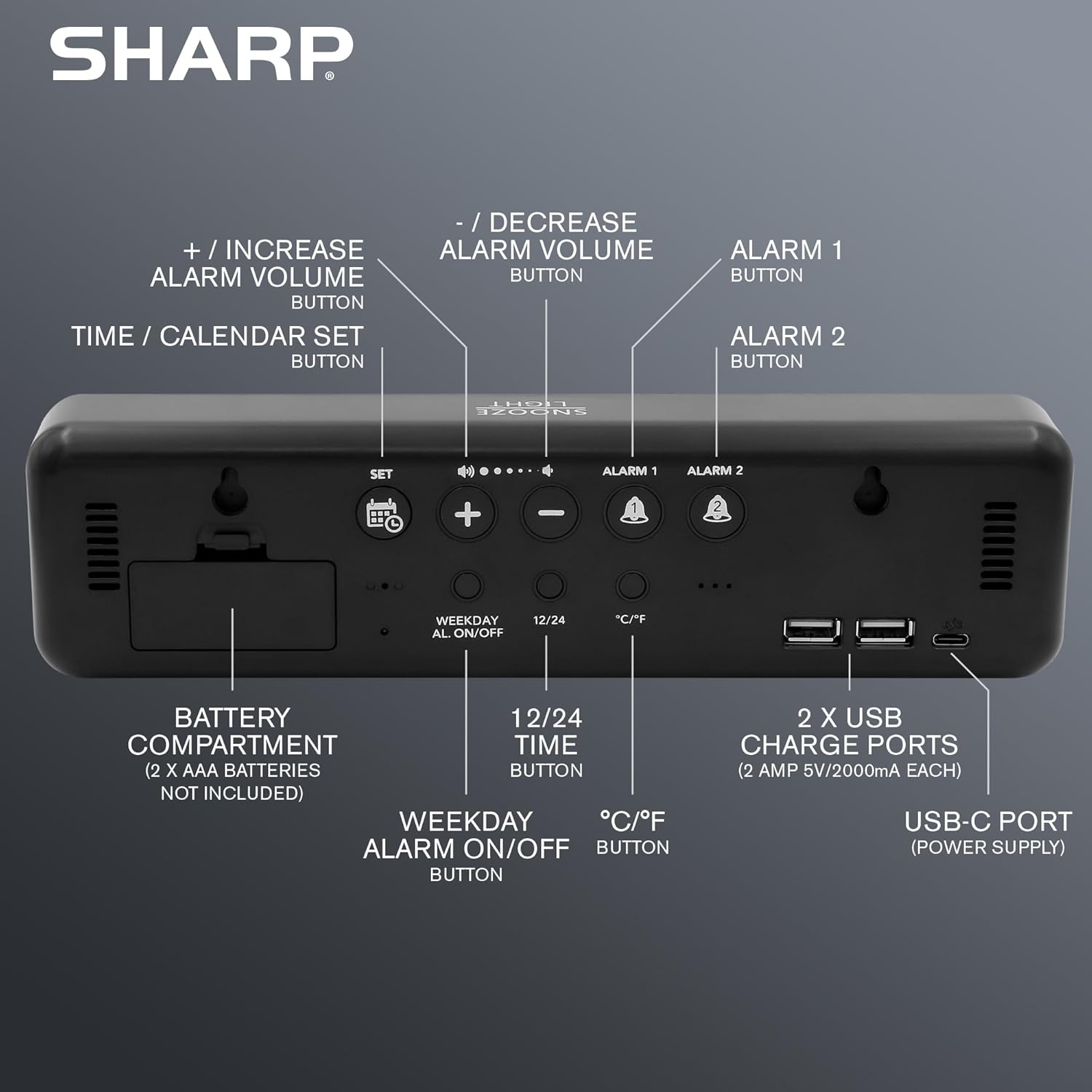 Sharp Digital Alarm Clock with Temperature Display