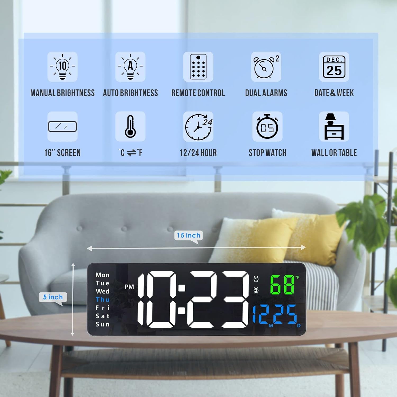 Plumeet 16 Inch Large Digital Wall Clock with Remote Control and 2 Alarm