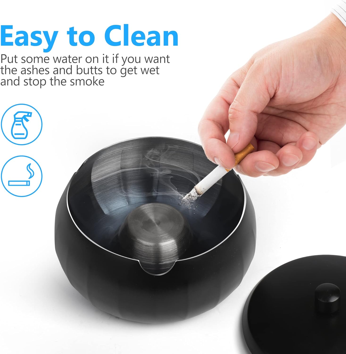 Stainless Steel Ashtray with Lid Windproof and Smokeless
