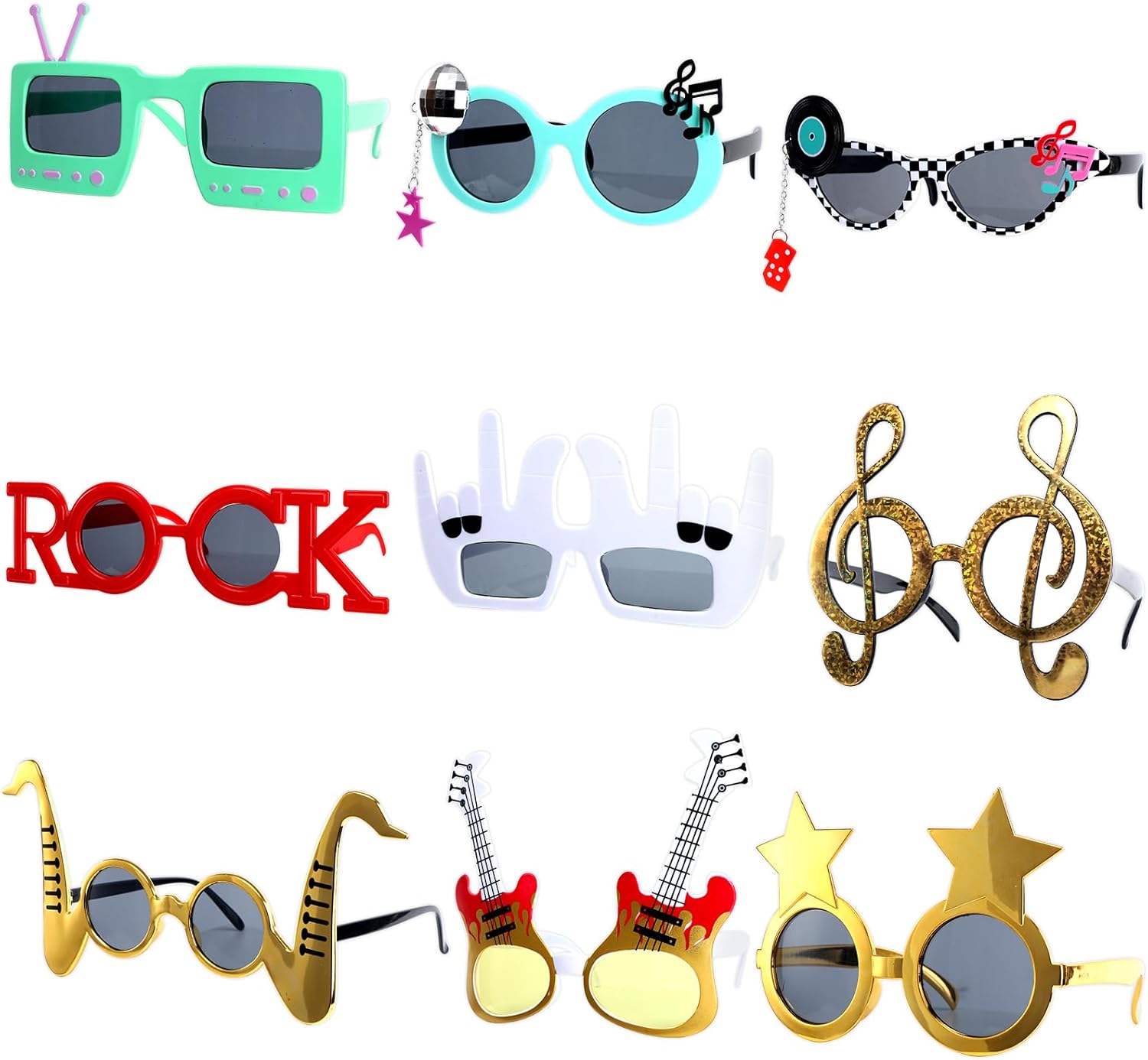 9 Pack Retro Rock Music Funny Sunglasses for Parties