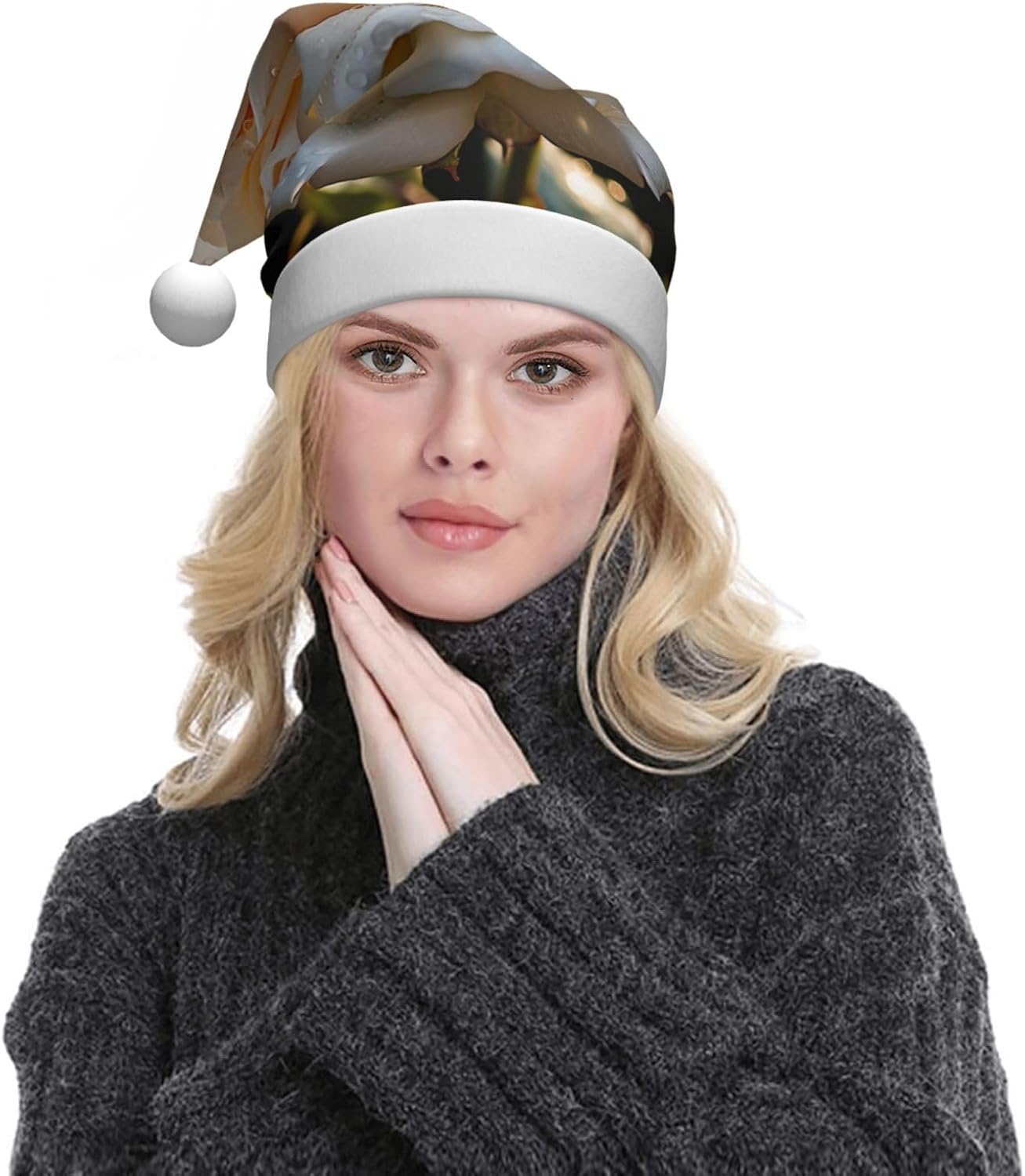 QINZHENG White Rose Santa Hat for Women