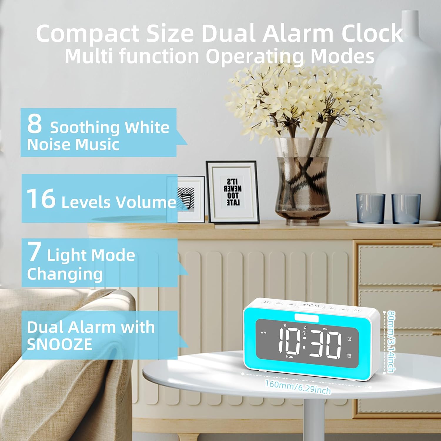 Cooluck Dual Alarm Clock with LED Night Lights and White Noise