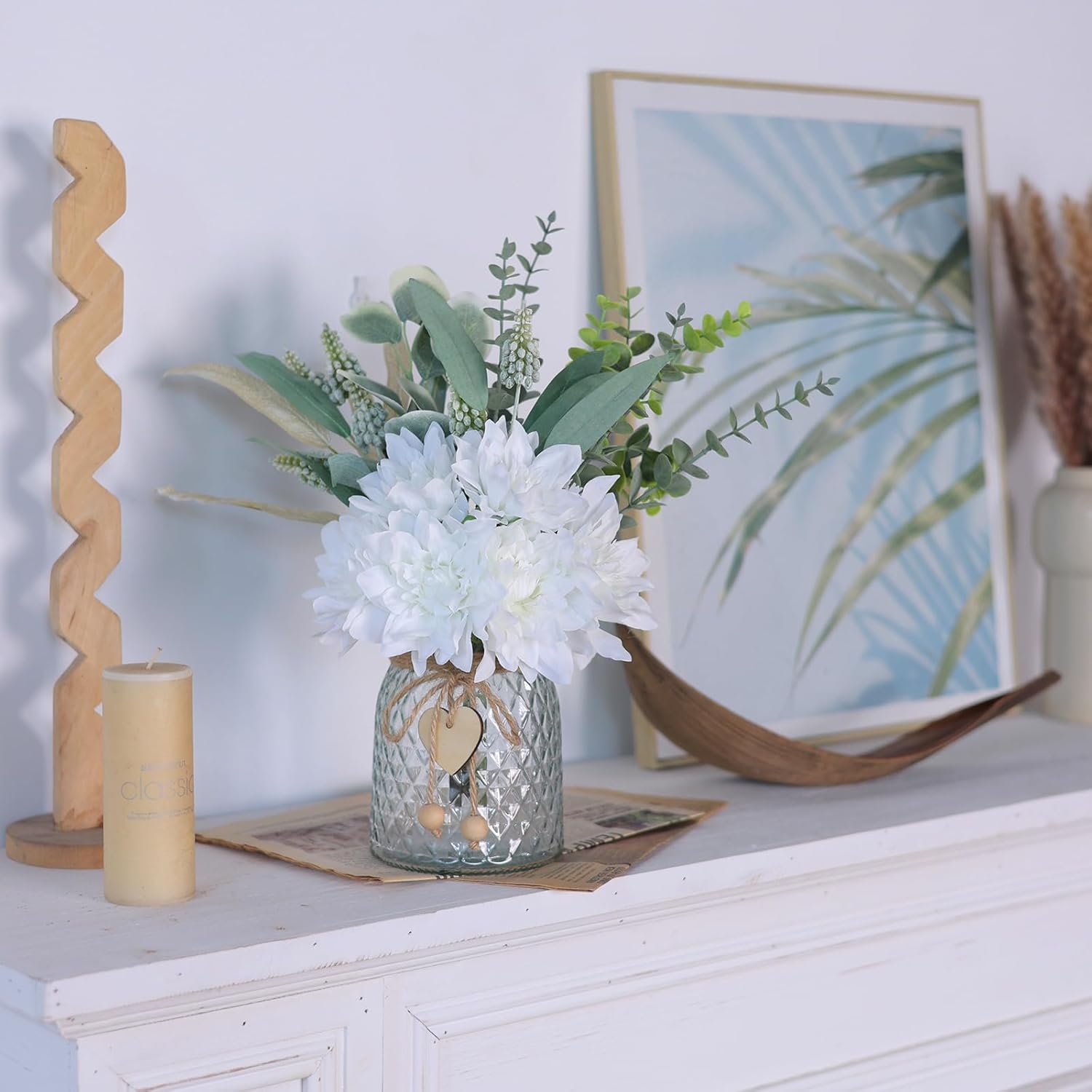 White Artificial Flowers with Vase Rustic Farmhouse Decor